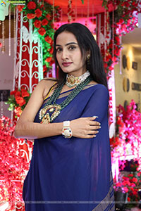 Hima Varma Glam stills in Elegant Royal Blue Saree