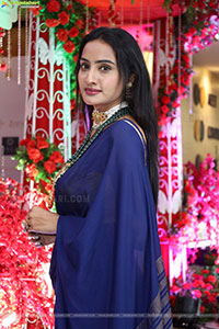 Hima Varma Glam stills in Elegant Royal Blue Saree