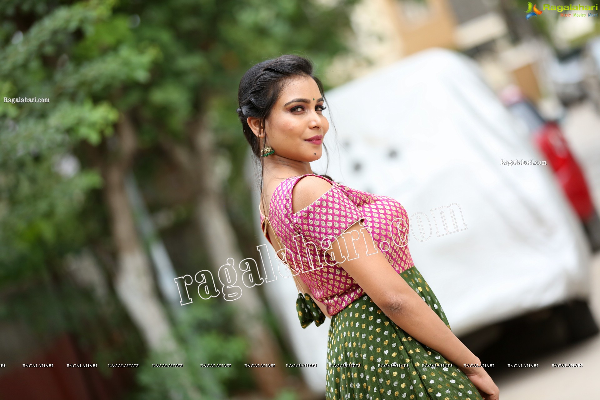 Sanjana Anne in Green and Pink Floor Length Dress Exclusive Photo Shoot