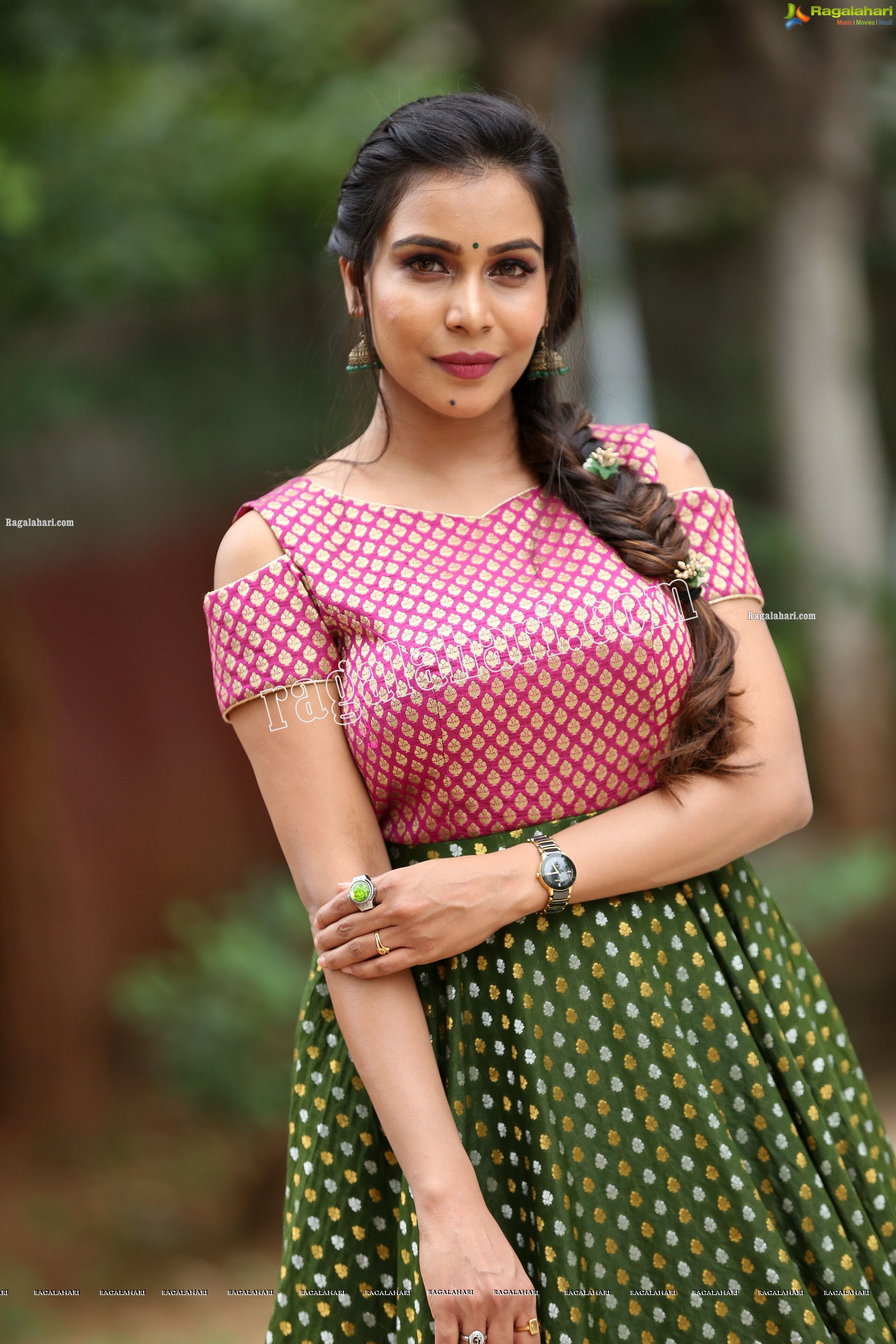 Sanjana Anne in Green and Pink Floor Length Dress Exclusive Photo Shoot