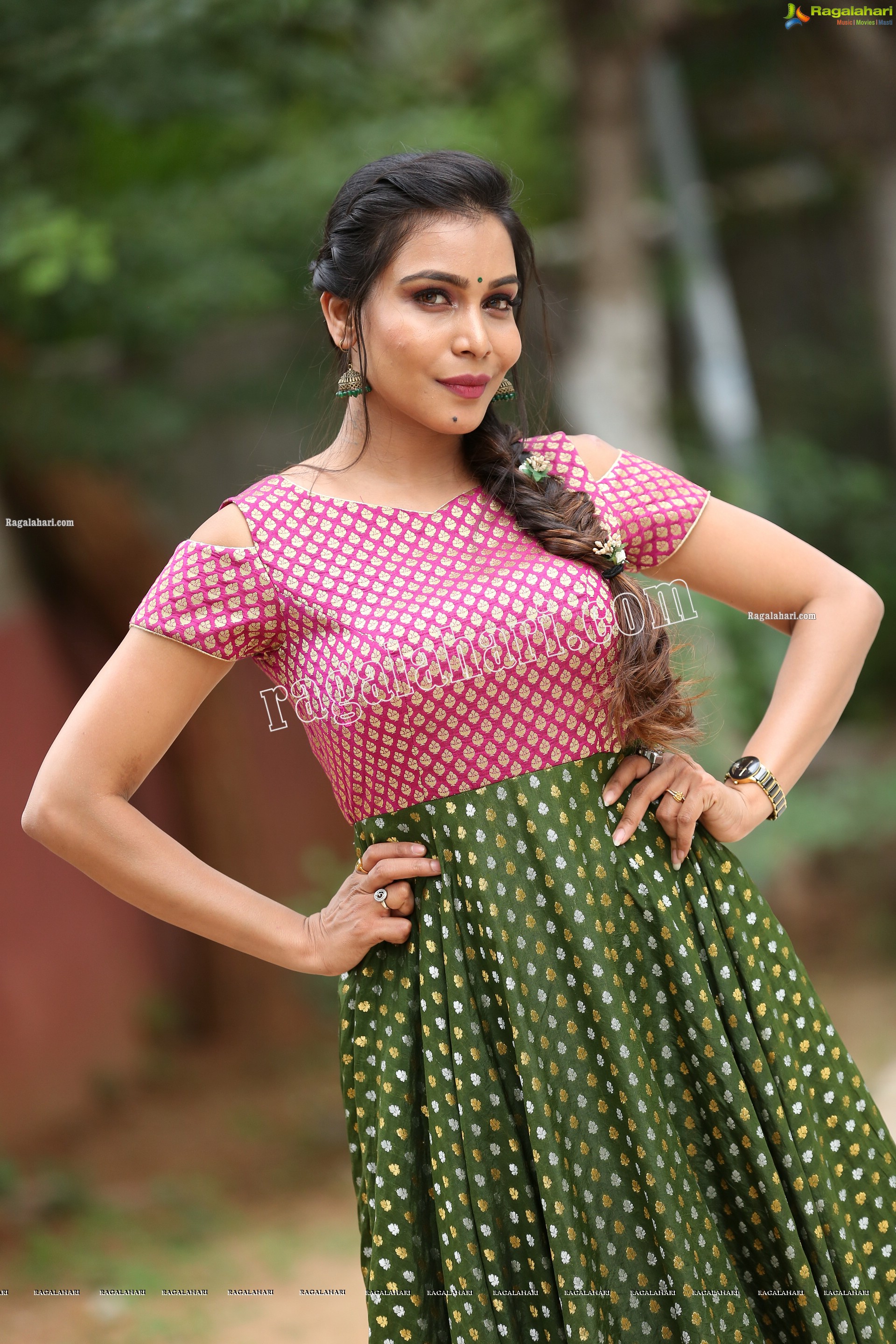 Sanjana Anne in Green and Pink Floor Length Dress Exclusive Photo Shoot