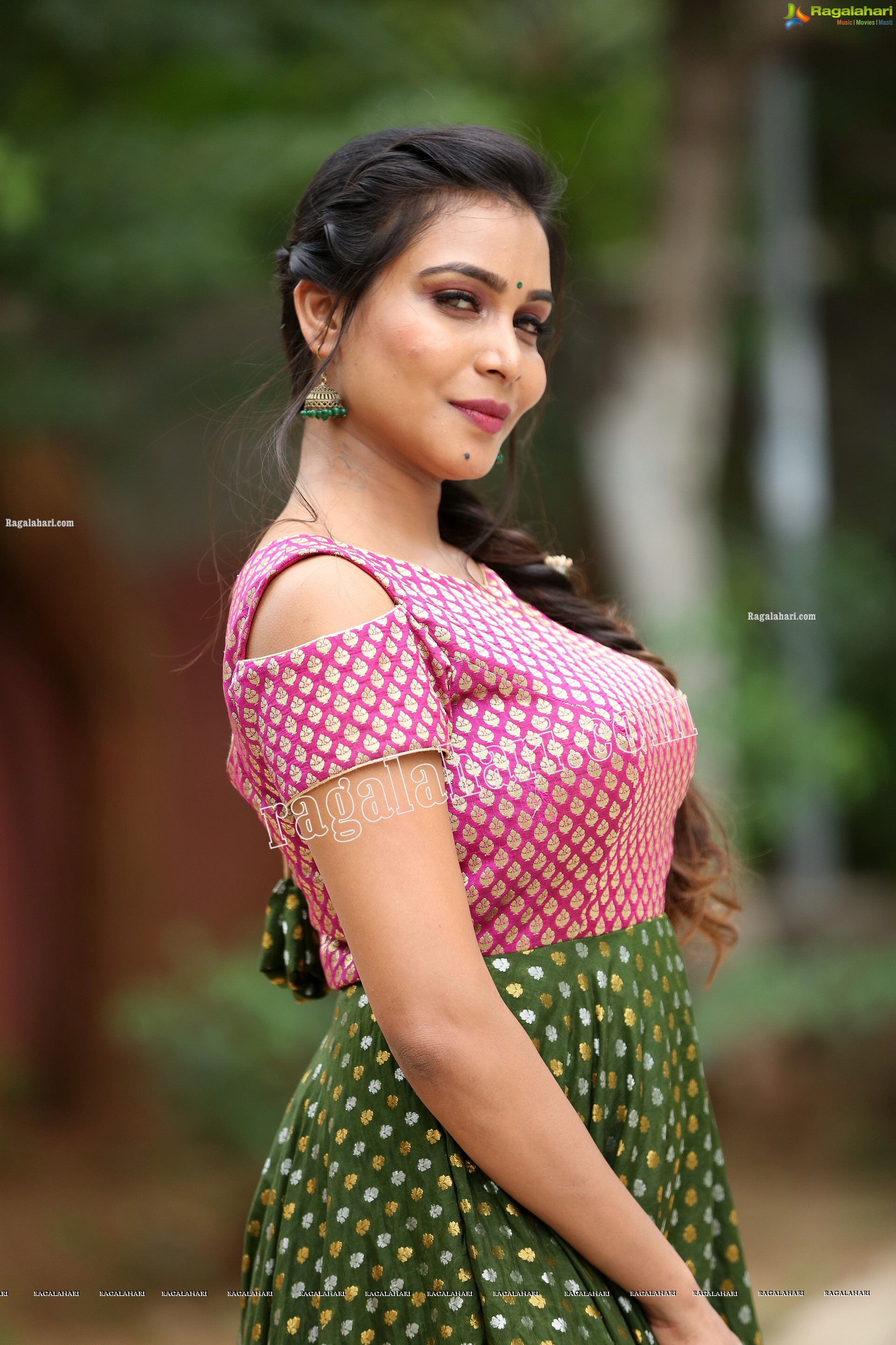 Sanjana Anne in Green and Pink Floor Length Dress Exclusive Photo Shoot