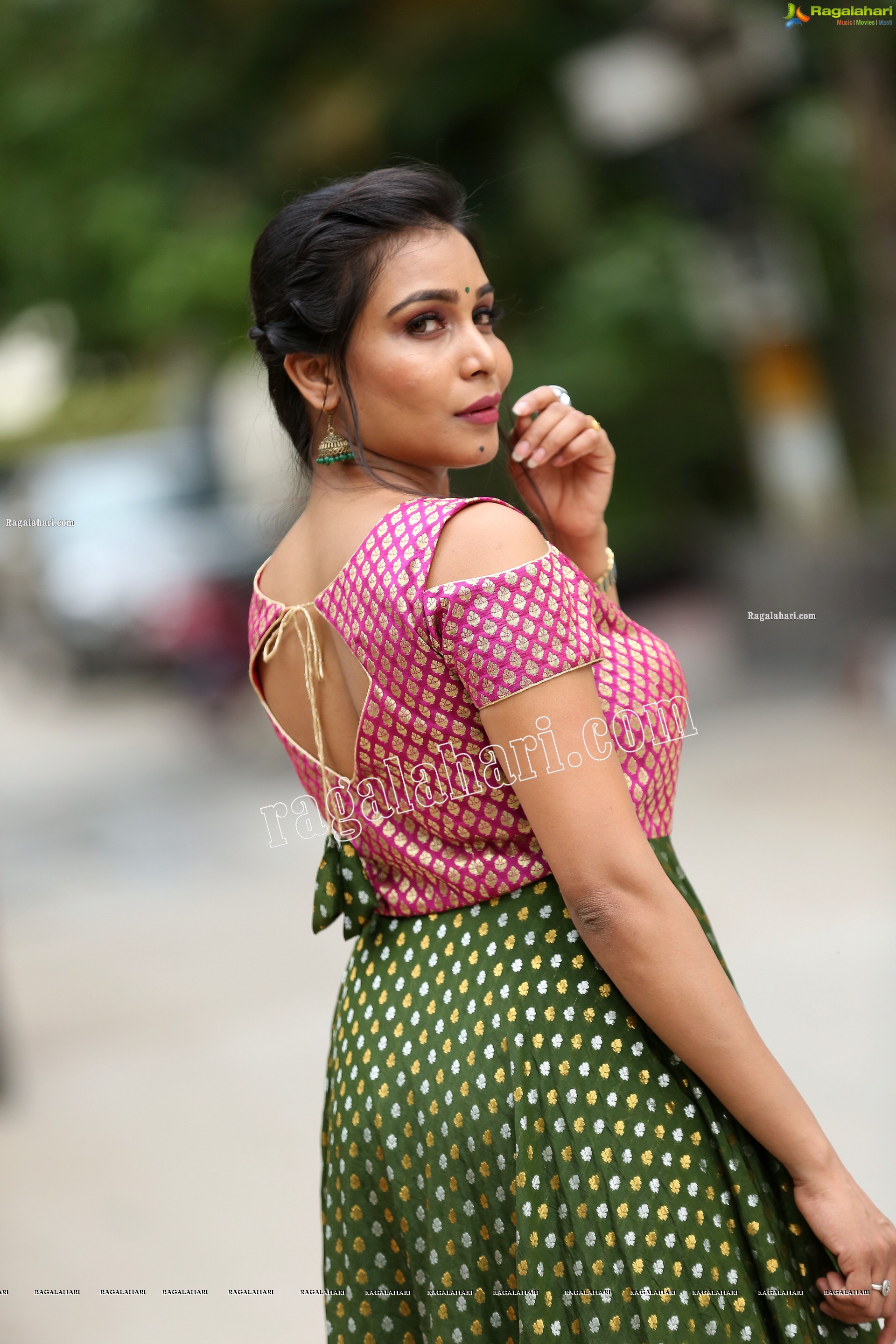 Sanjana Anne in Green and Pink Floor Length Dress Exclusive Photo Shoot