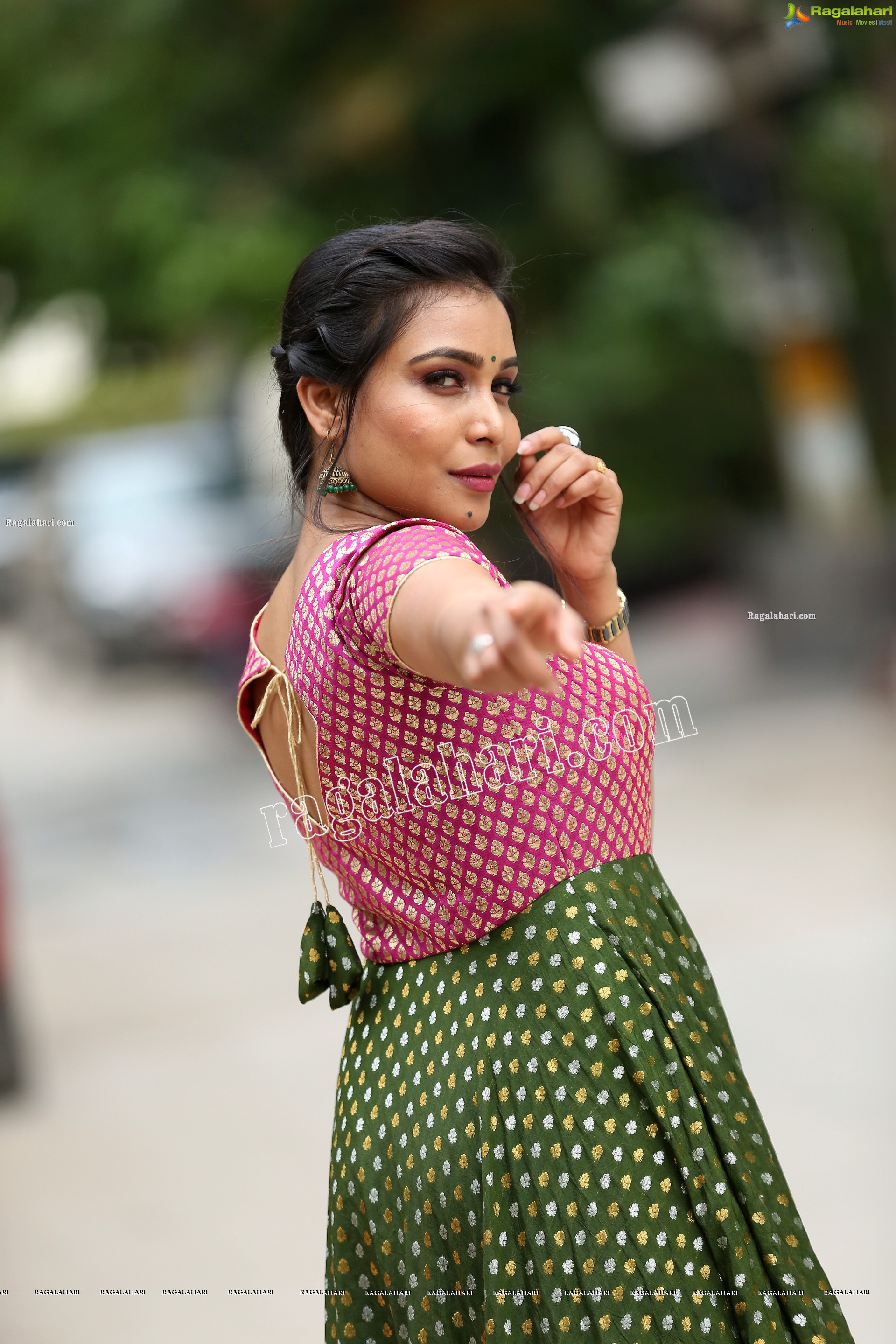 Sanjana Anne in Green and Pink Floor Length Dress Exclusive Photo Shoot