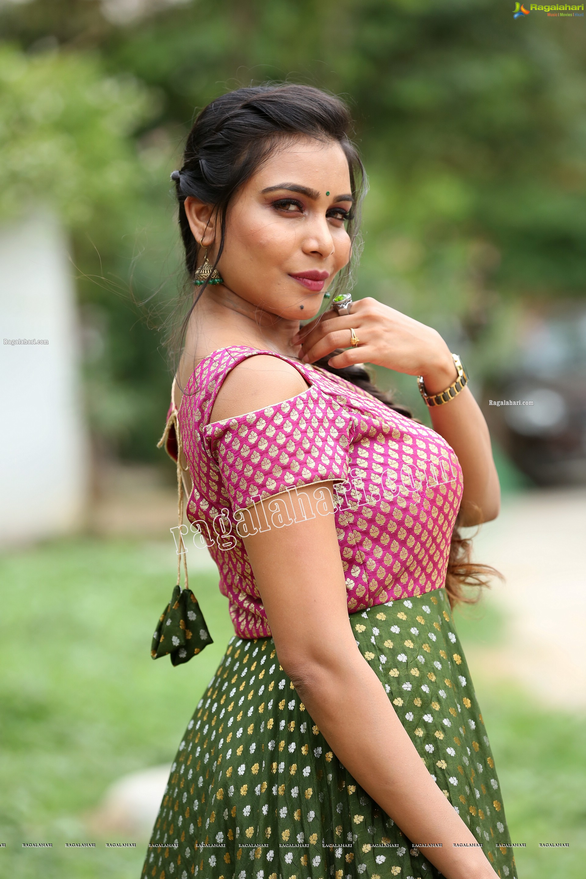 Sanjana Anne in Green and Pink Floor Length Dress Exclusive Photo Shoot