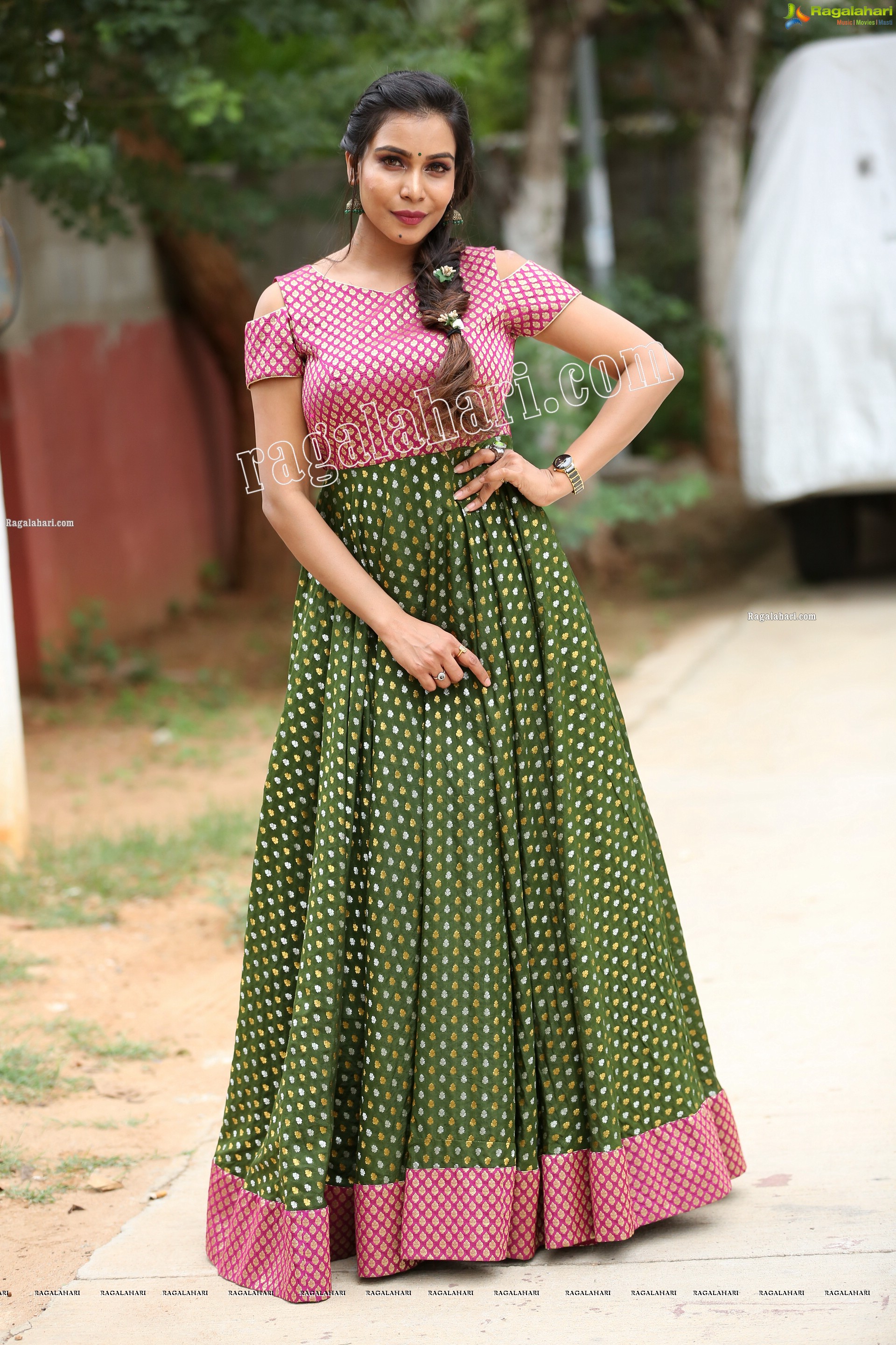 Sanjana Anne in Green and Pink Floor Length Dress Exclusive Photo Shoot