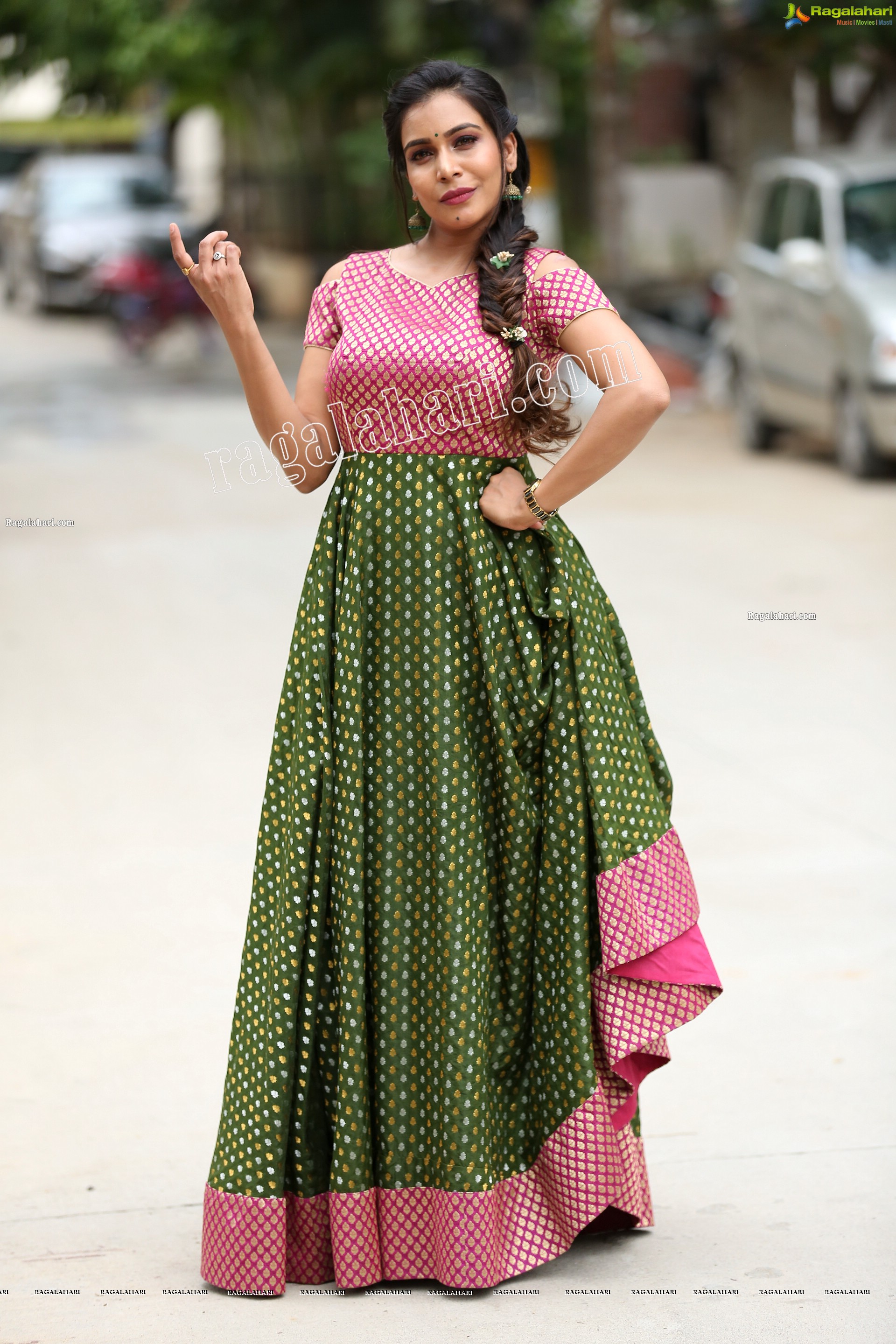 Sanjana Anne in Green and Pink Floor Length Dress Exclusive Photo Shoot