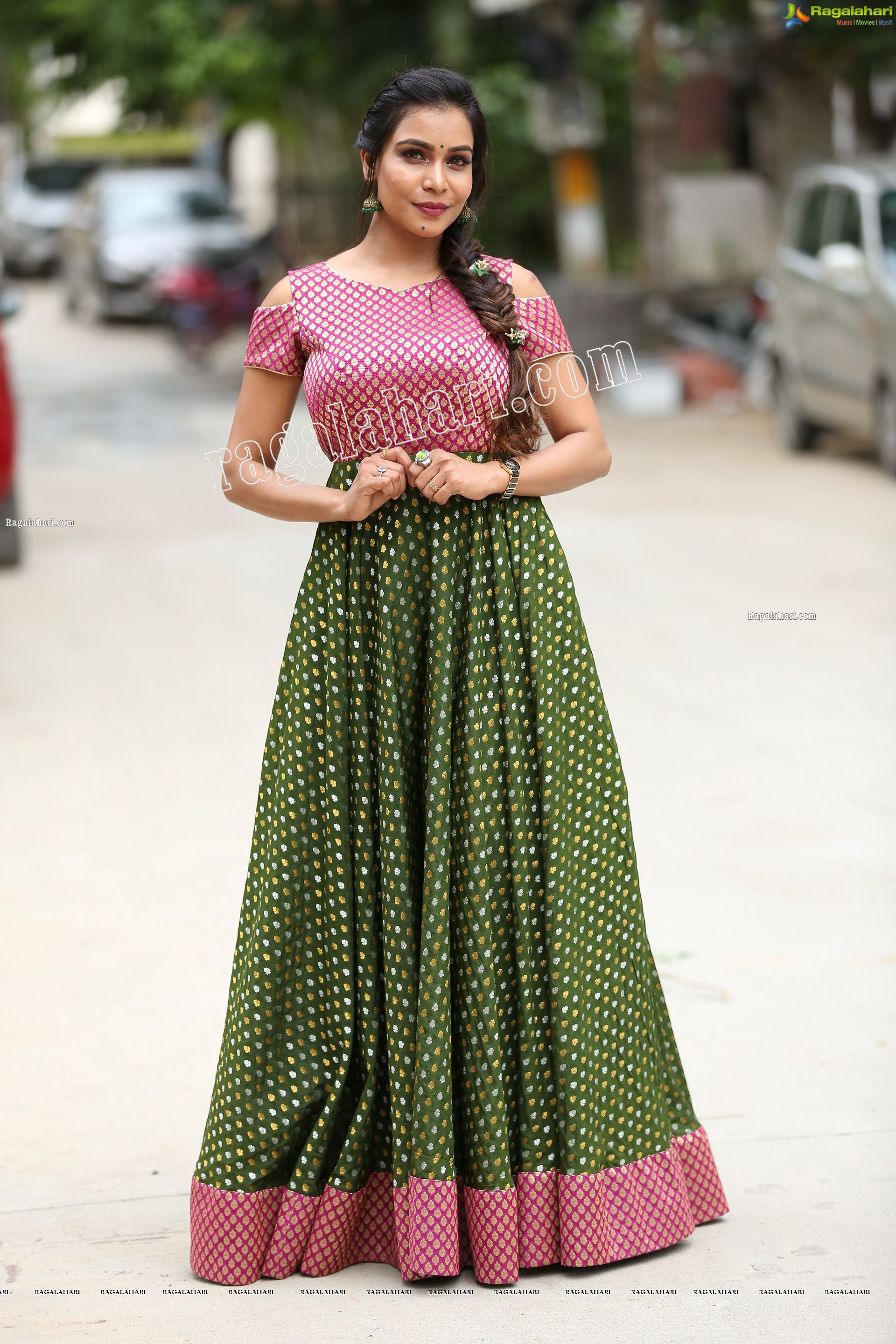 Sanjana Anne in Green and Pink Floor Length Dress Exclusive Photo Shoot