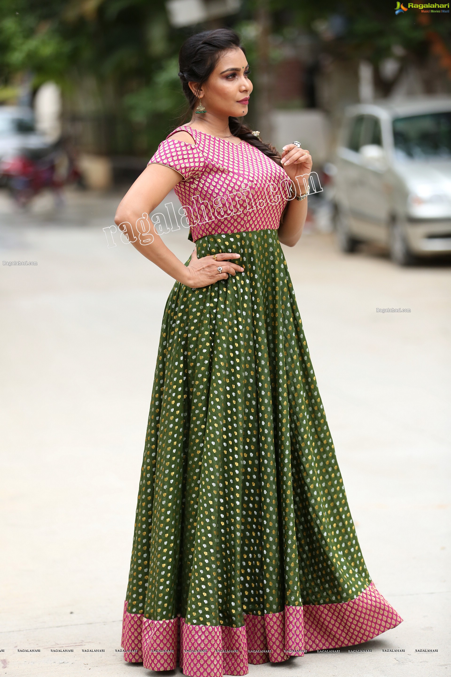 Sanjana Anne in Green and Pink Floor Length Dress Exclusive Photo Shoot