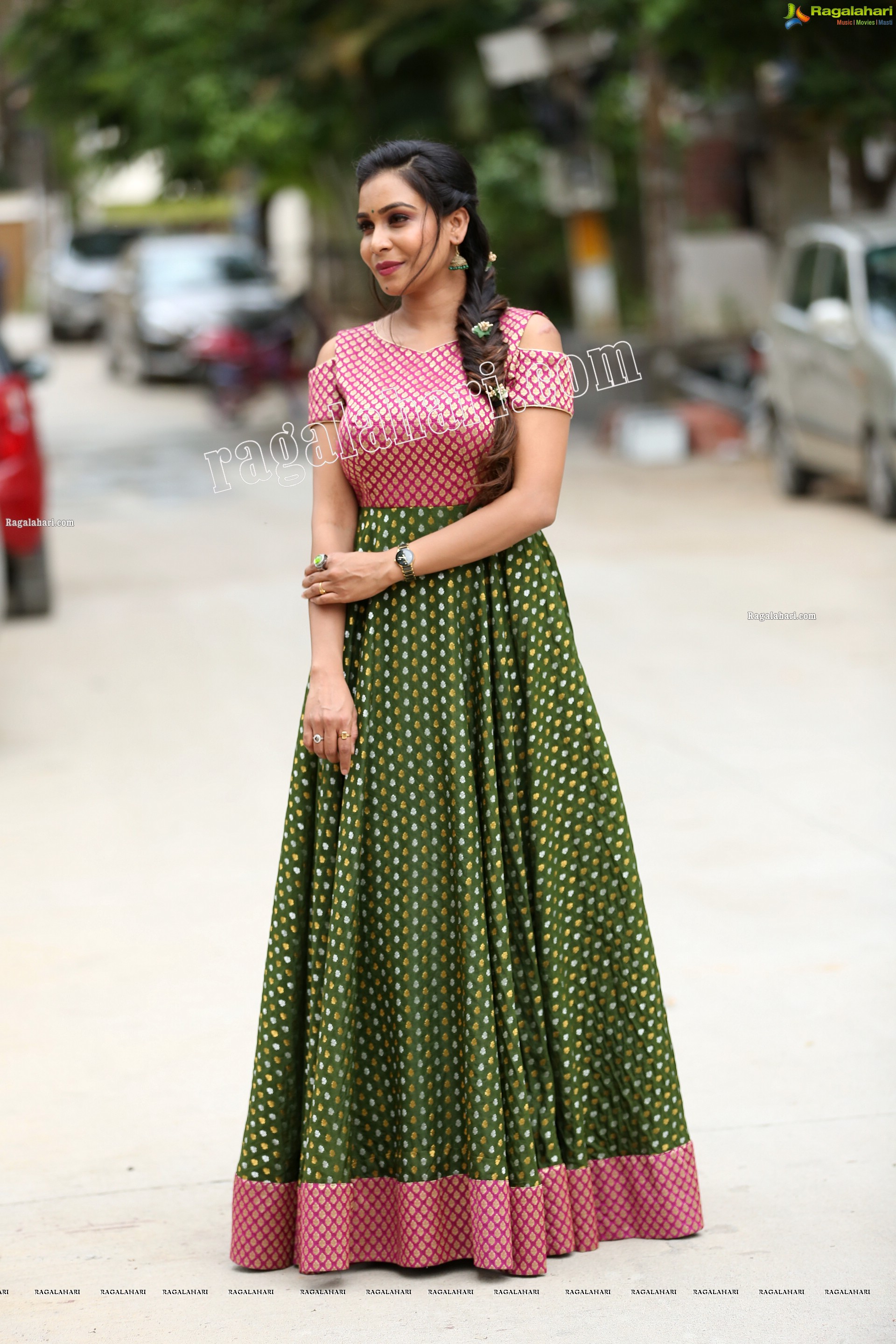 Sanjana Anne in Green and Pink Floor Length Dress Exclusive Photo Shoot