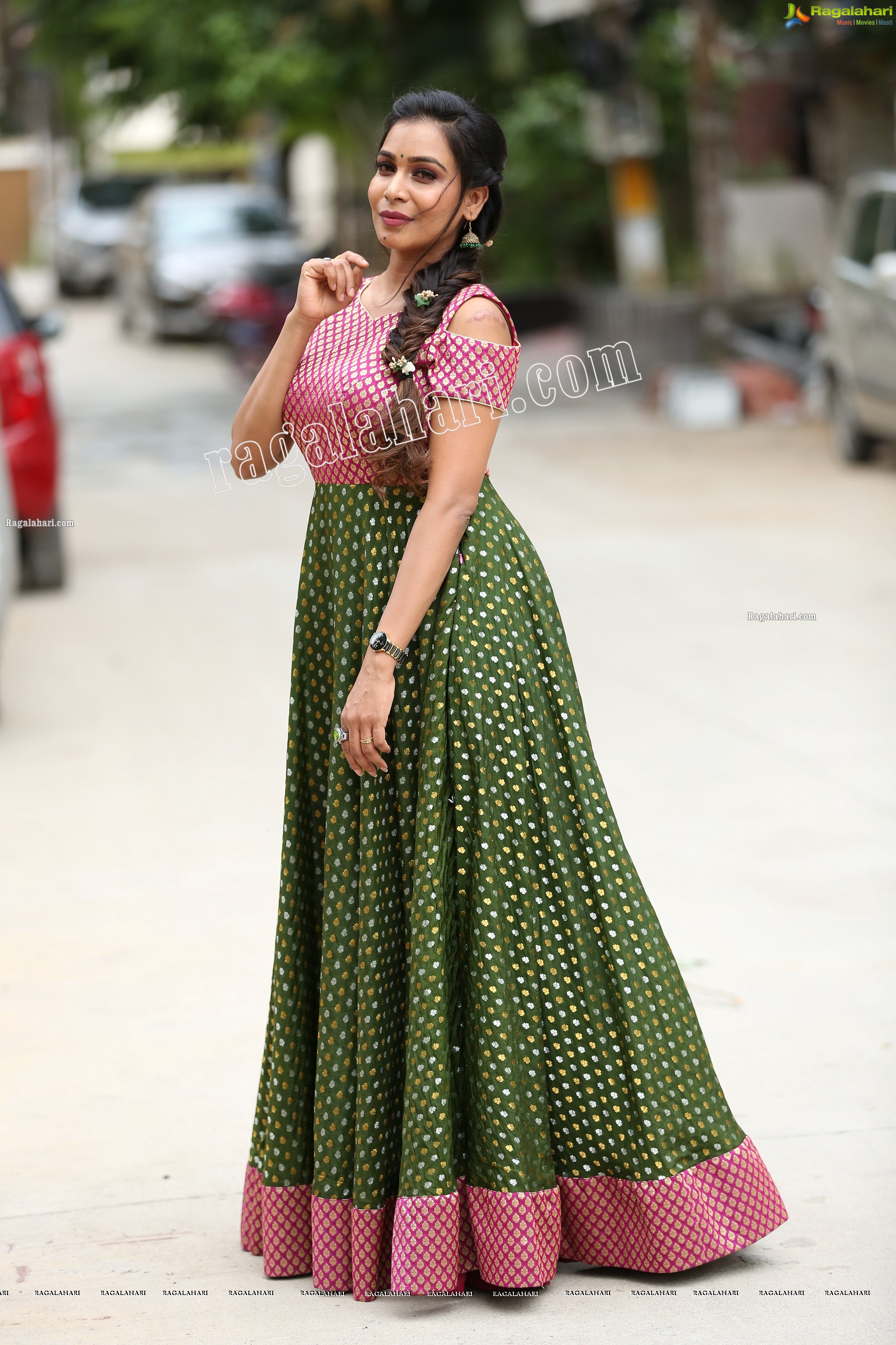 Sanjana Anne in Green and Pink Floor Length Dress Exclusive Photo Shoot