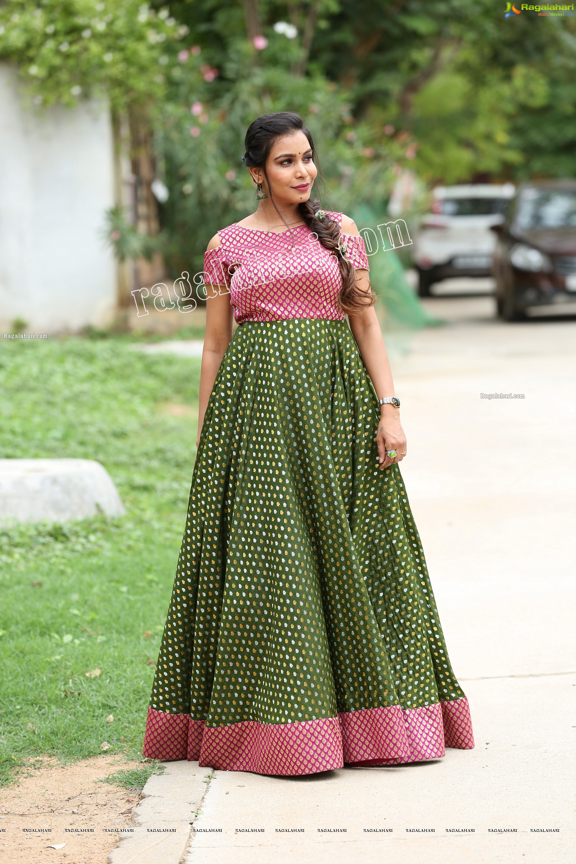 Sanjana Anne in Green and Pink Floor Length Dress Exclusive Photo Shoot