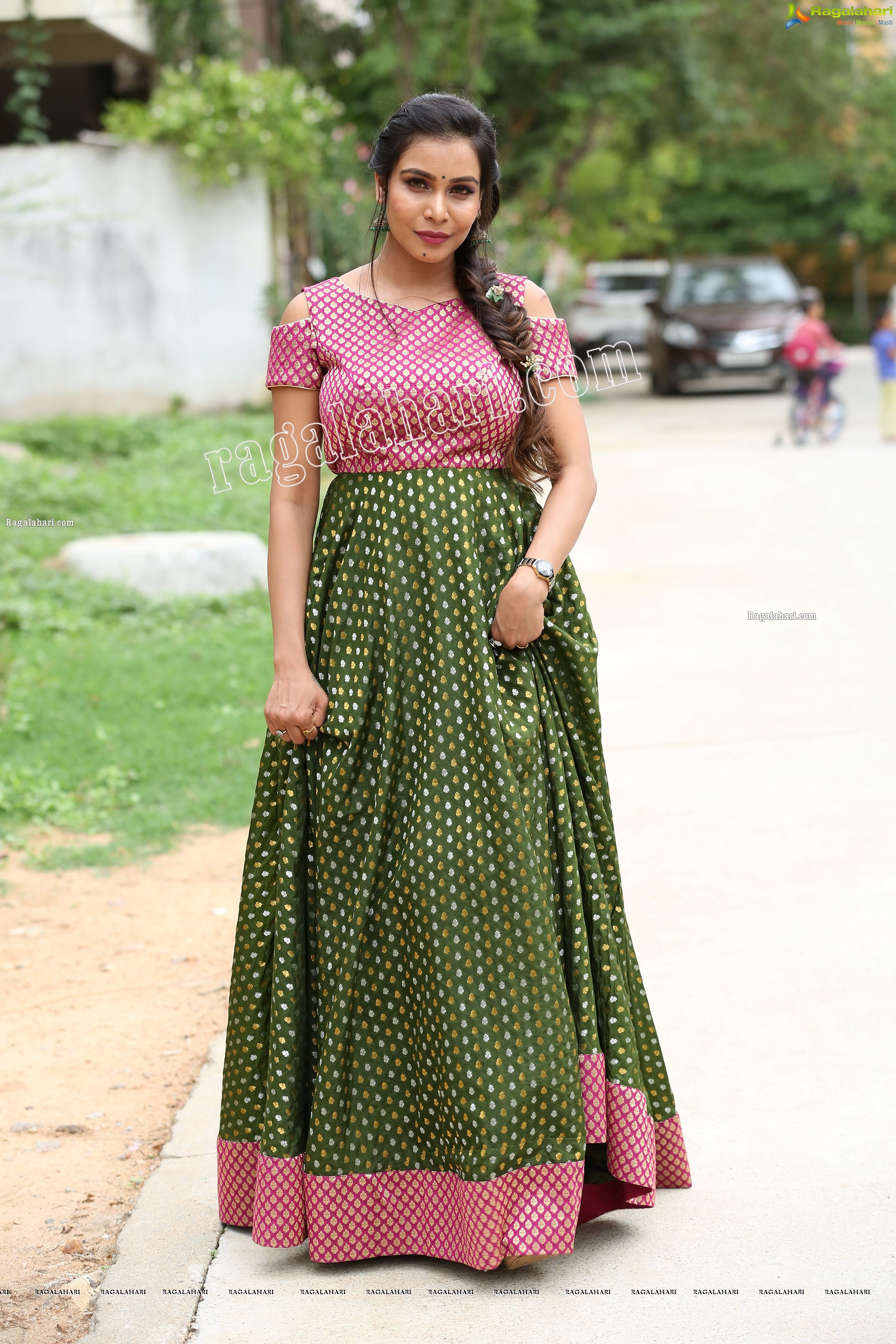 Sanjana Anne in Green and Pink Floor Length Dress Exclusive Photo Shoot