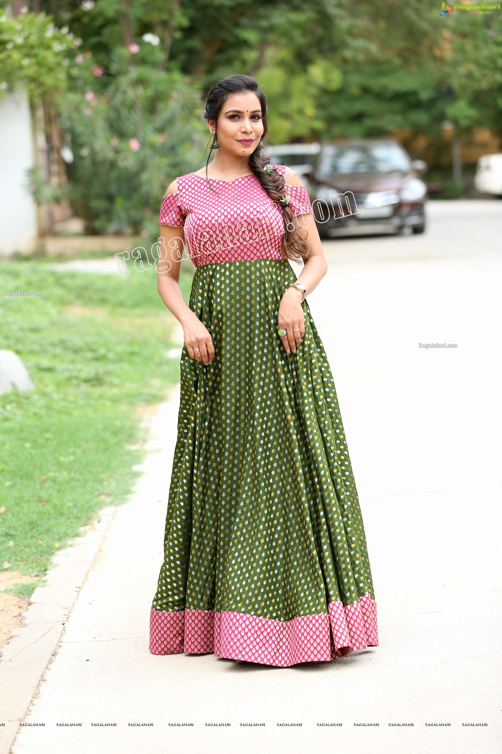 Sanjana Anne in Green and Pink Floor Length Dress Exclusive Photo Shoot