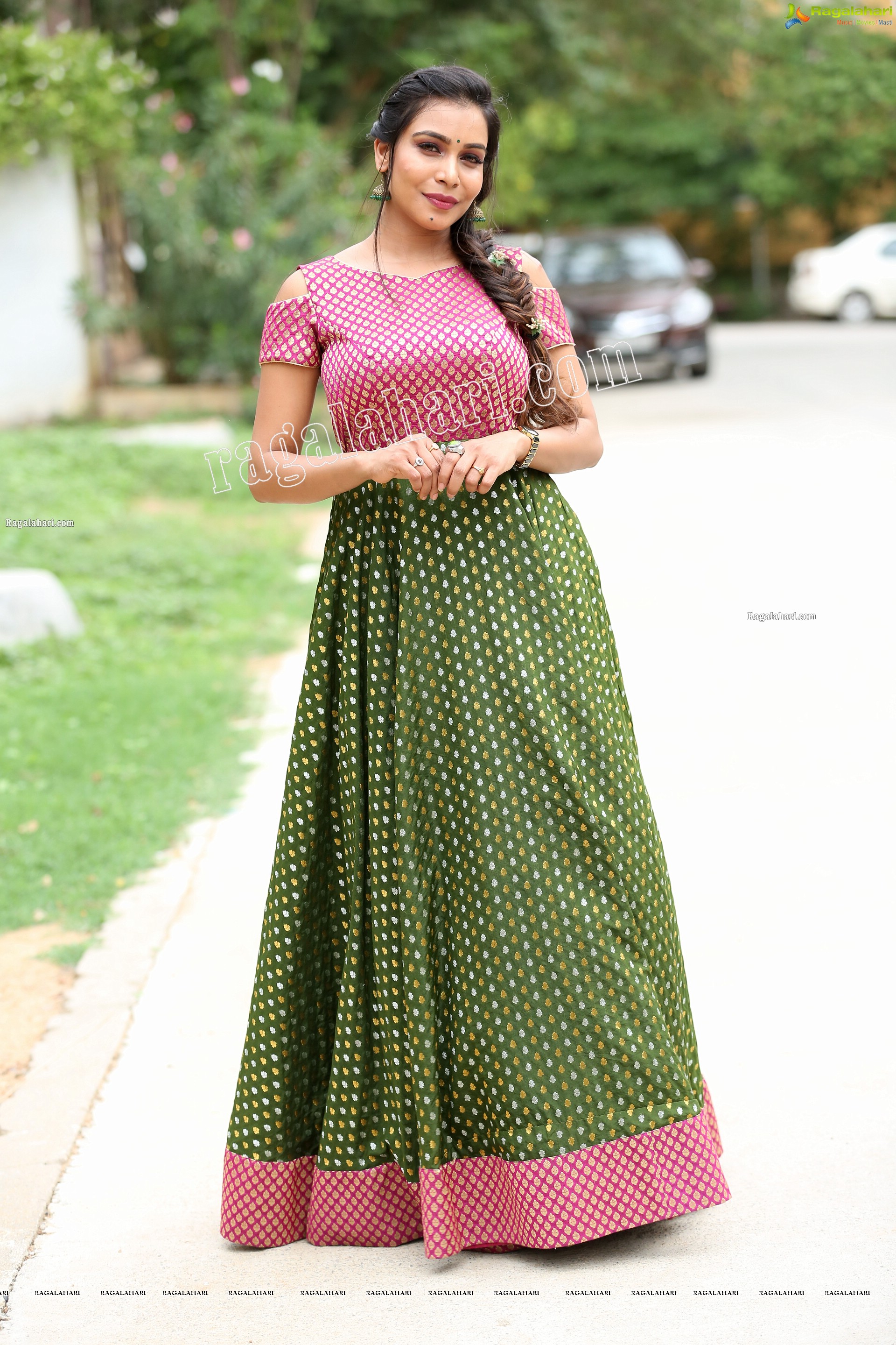 Sanjana Anne in Green and Pink Floor Length Dress Exclusive Photo Shoot