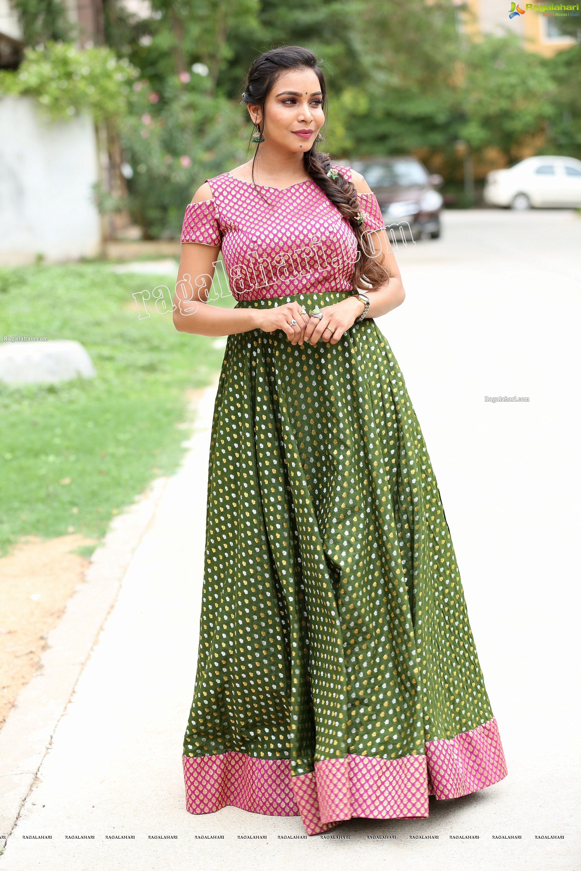 Sanjana Anne in Green and Pink Floor Length Dress Exclusive Photo Shoot