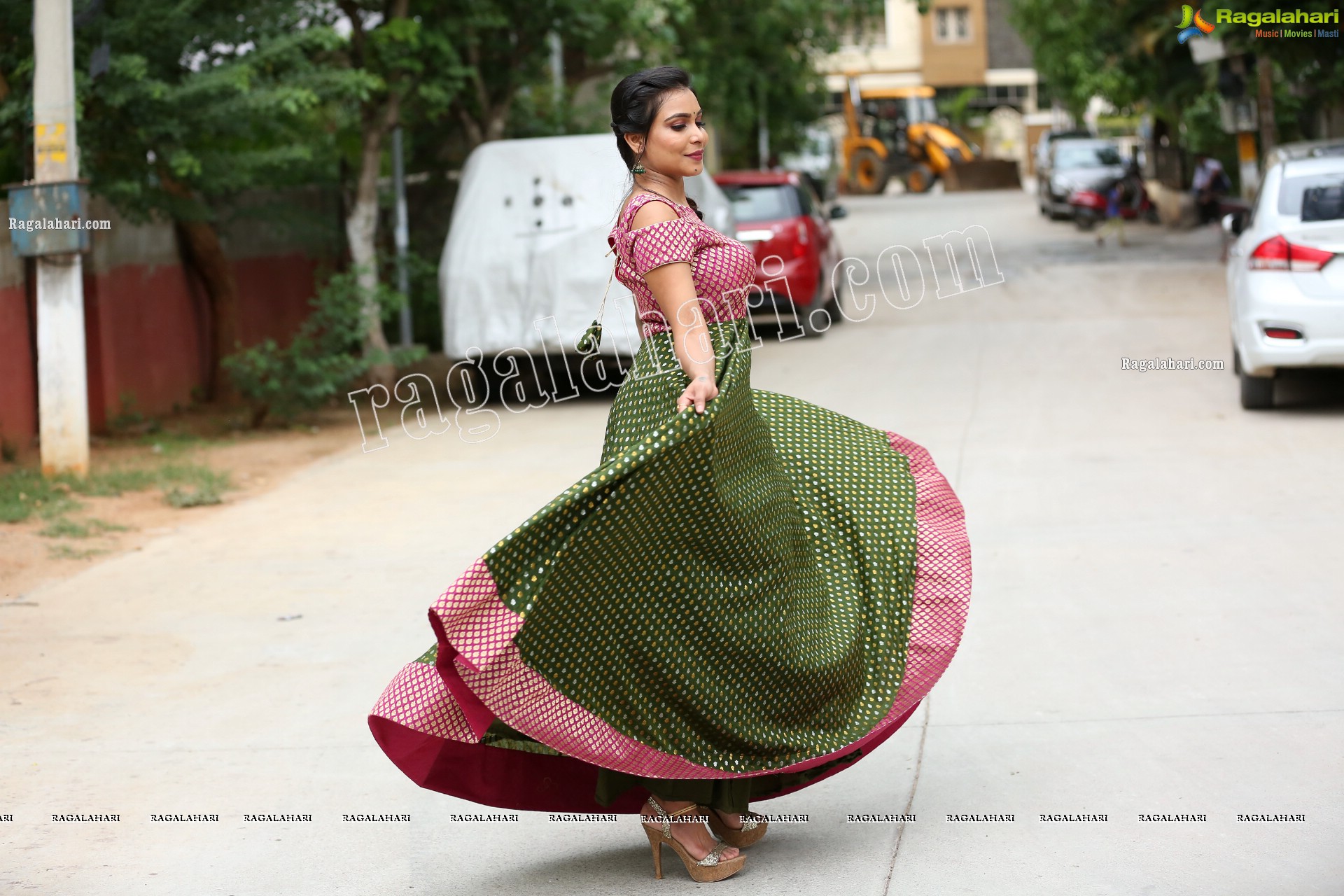 Sanjana Anne in Green and Pink Floor Length Dress Exclusive Photo Shoot