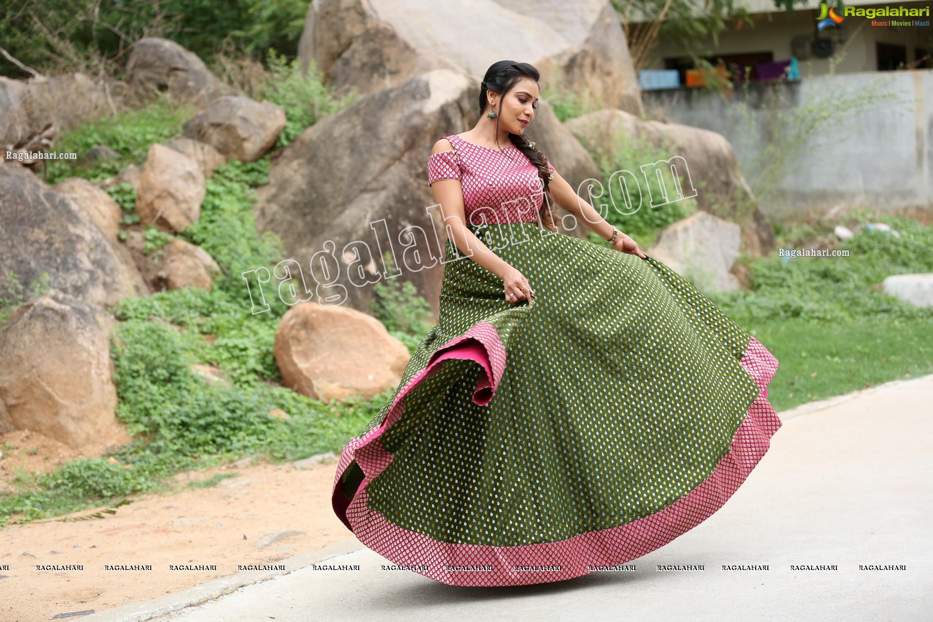 Sanjana Anne in Green and Pink Floor Length Dress Exclusive Photo Shoot