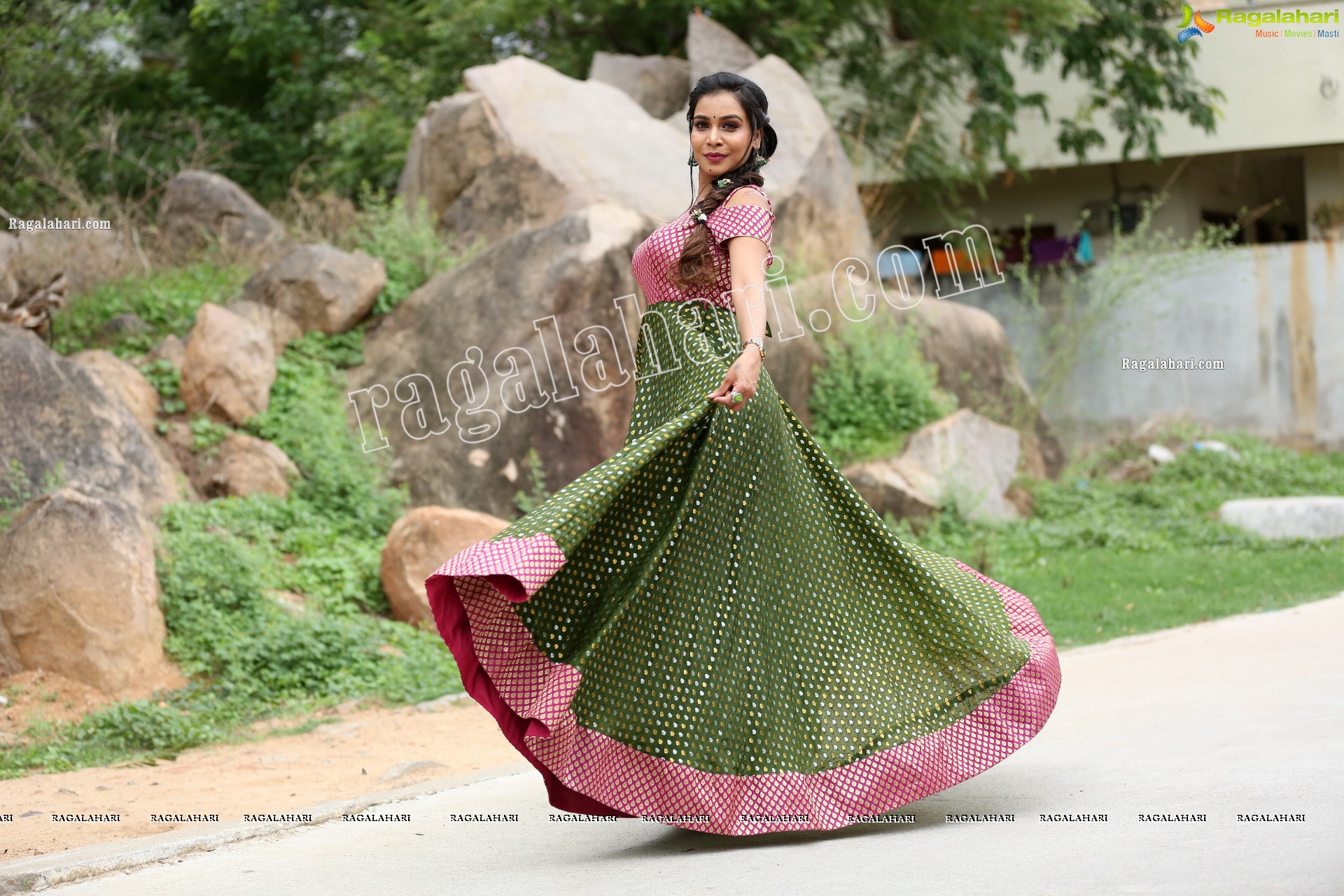 Sanjana Anne in Green and Pink Floor Length Dress Exclusive Photo Shoot