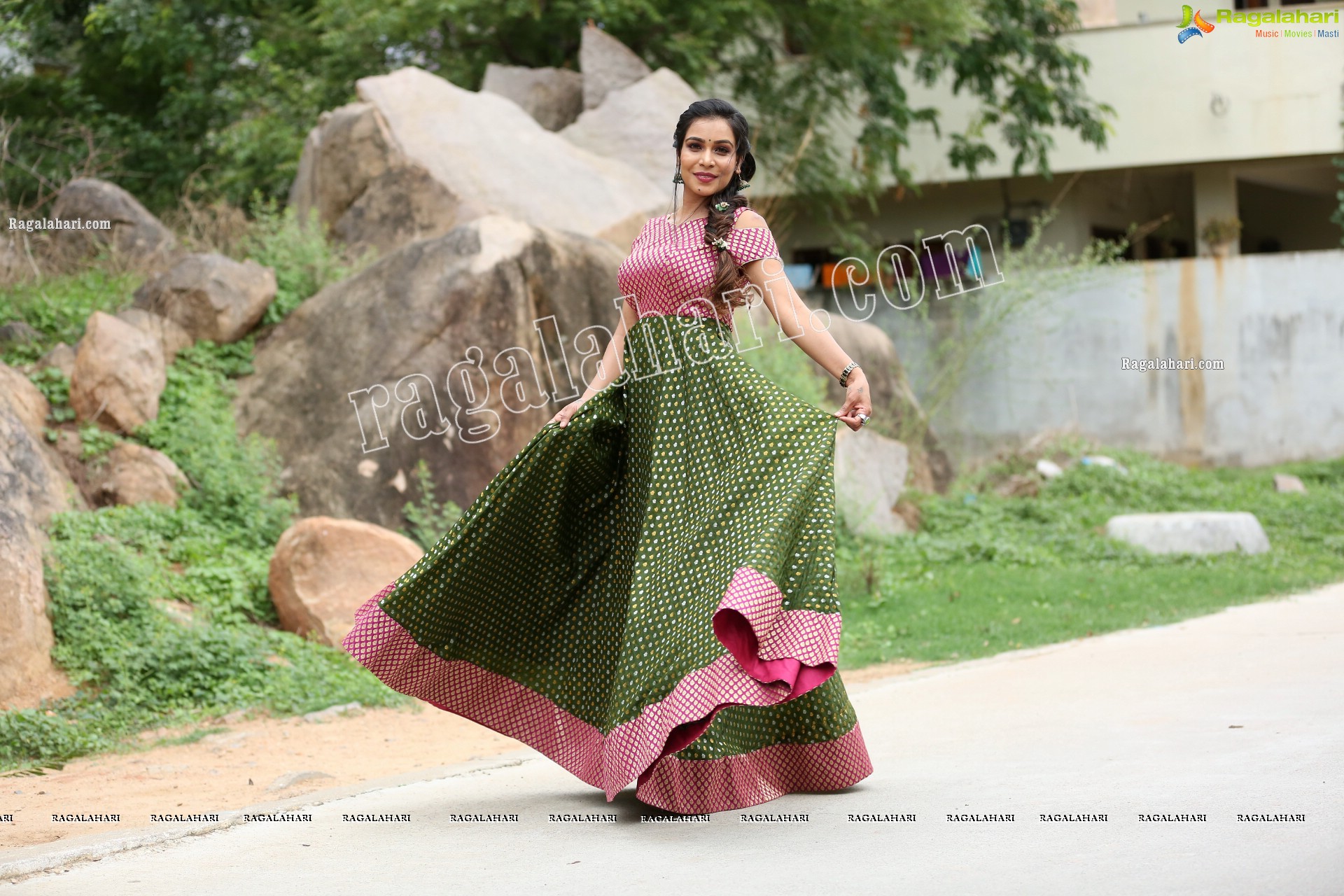 Sanjana Anne in Green and Pink Floor Length Dress Exclusive Photo Shoot