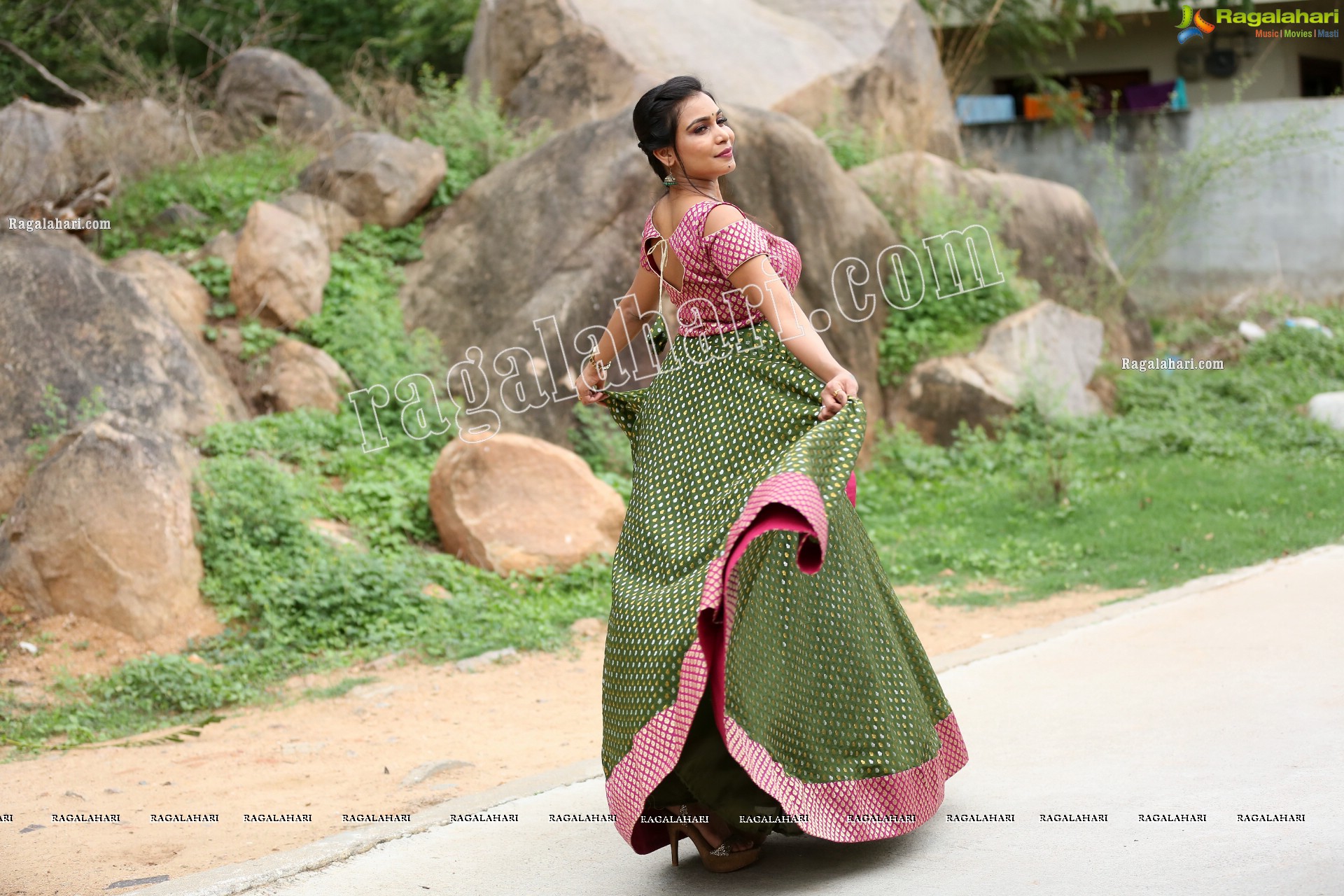 Sanjana Anne in Green and Pink Floor Length Dress Exclusive Photo Shoot