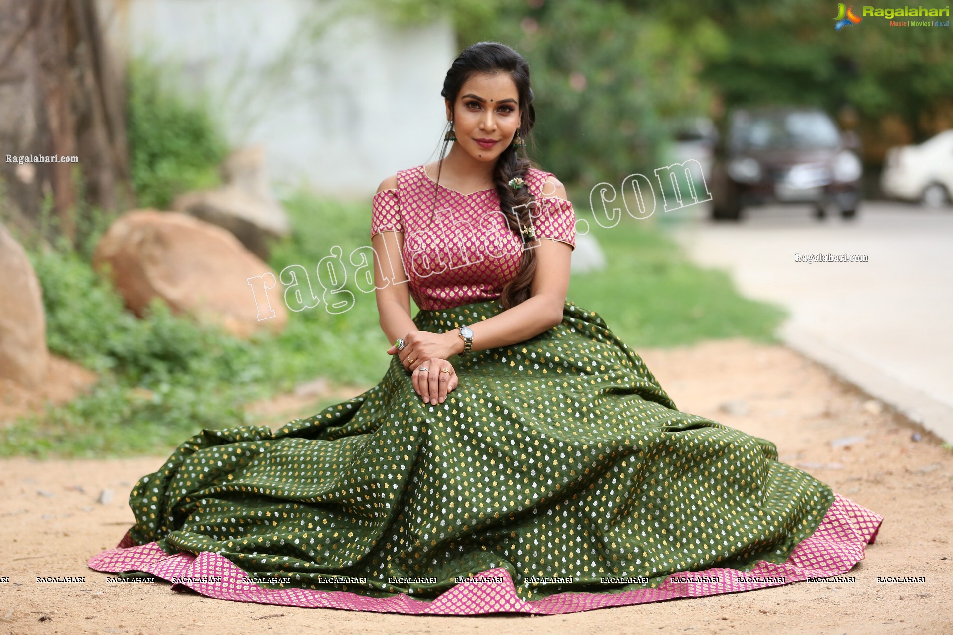 Sanjana Anne in Green and Pink Floor Length Dress Exclusive Photo Shoot