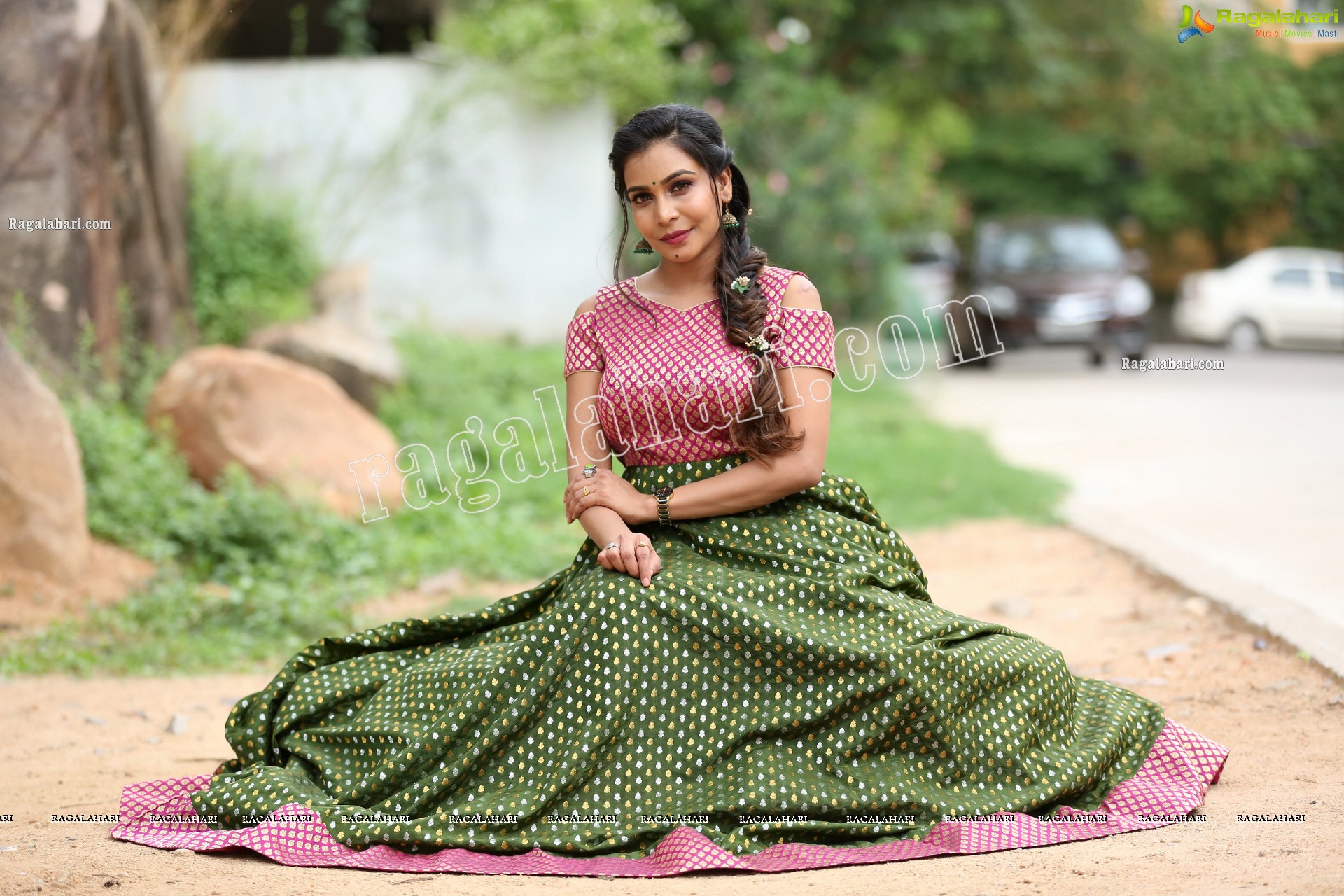 Sanjana Anne in Green and Pink Floor Length Dress Exclusive Photo Shoot