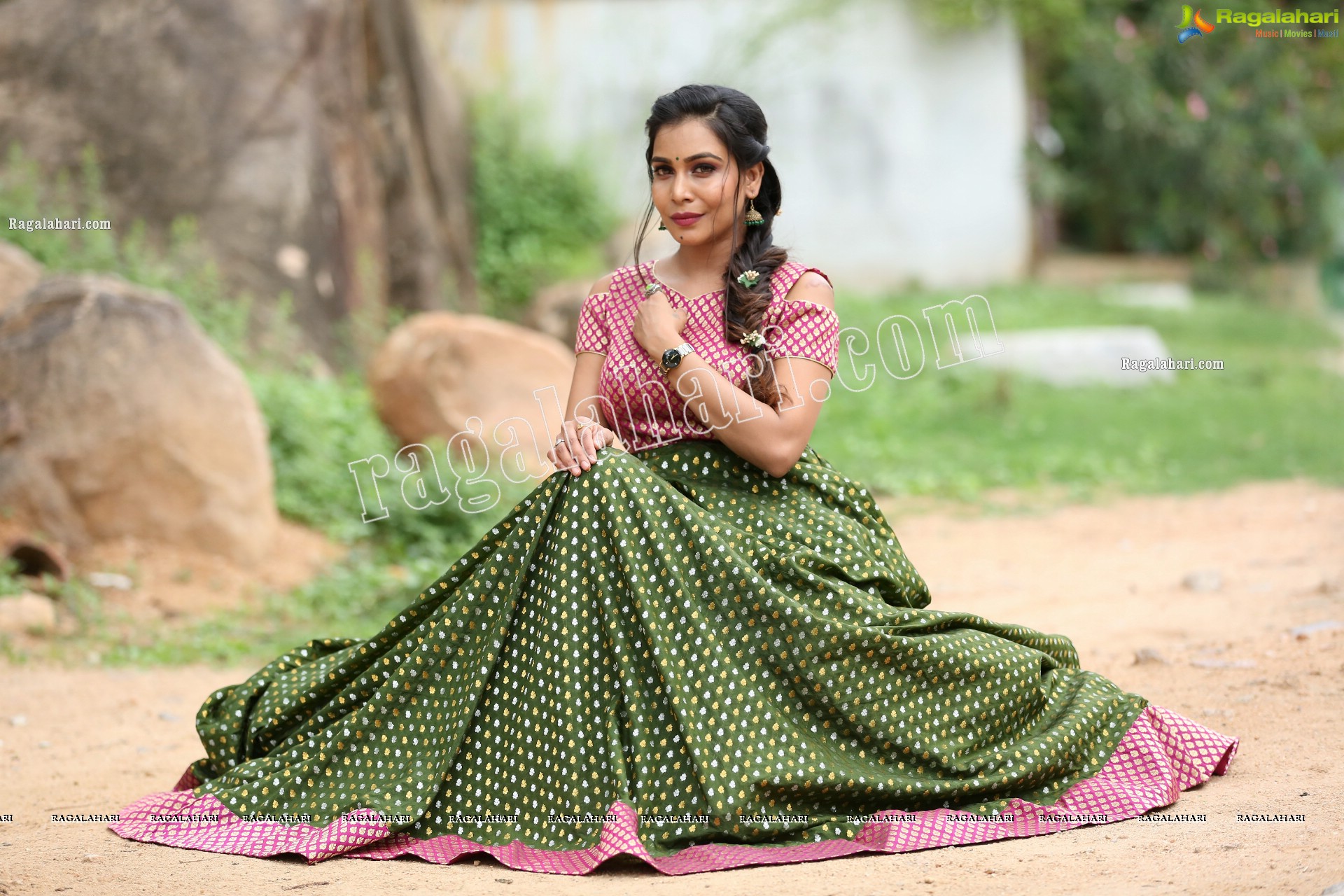 Sanjana Anne in Green and Pink Floor Length Dress Exclusive Photo Shoot