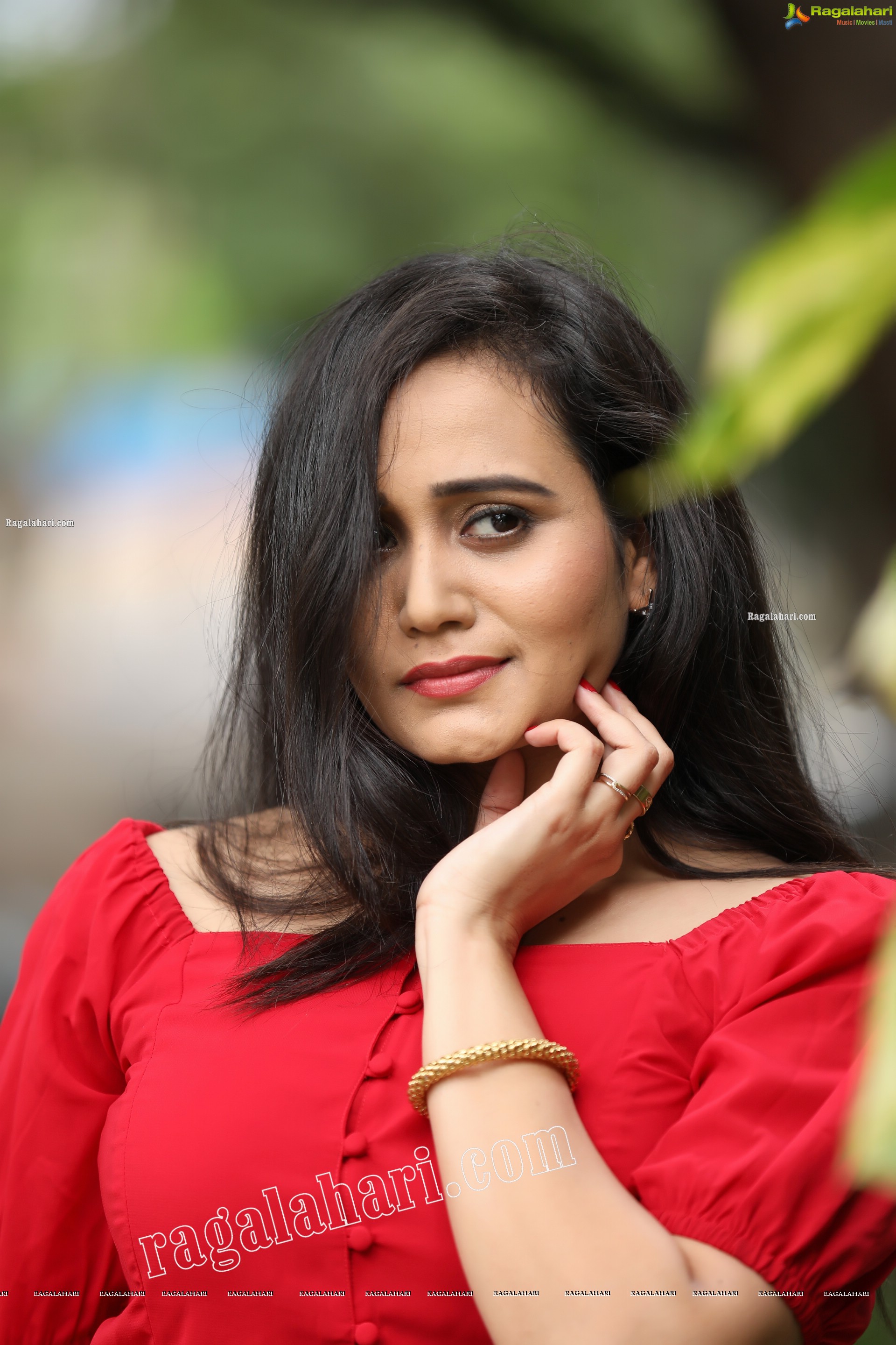 VJ Jaanu in Red Off Shoulder Peplum Top Exclusive Photo Shoot