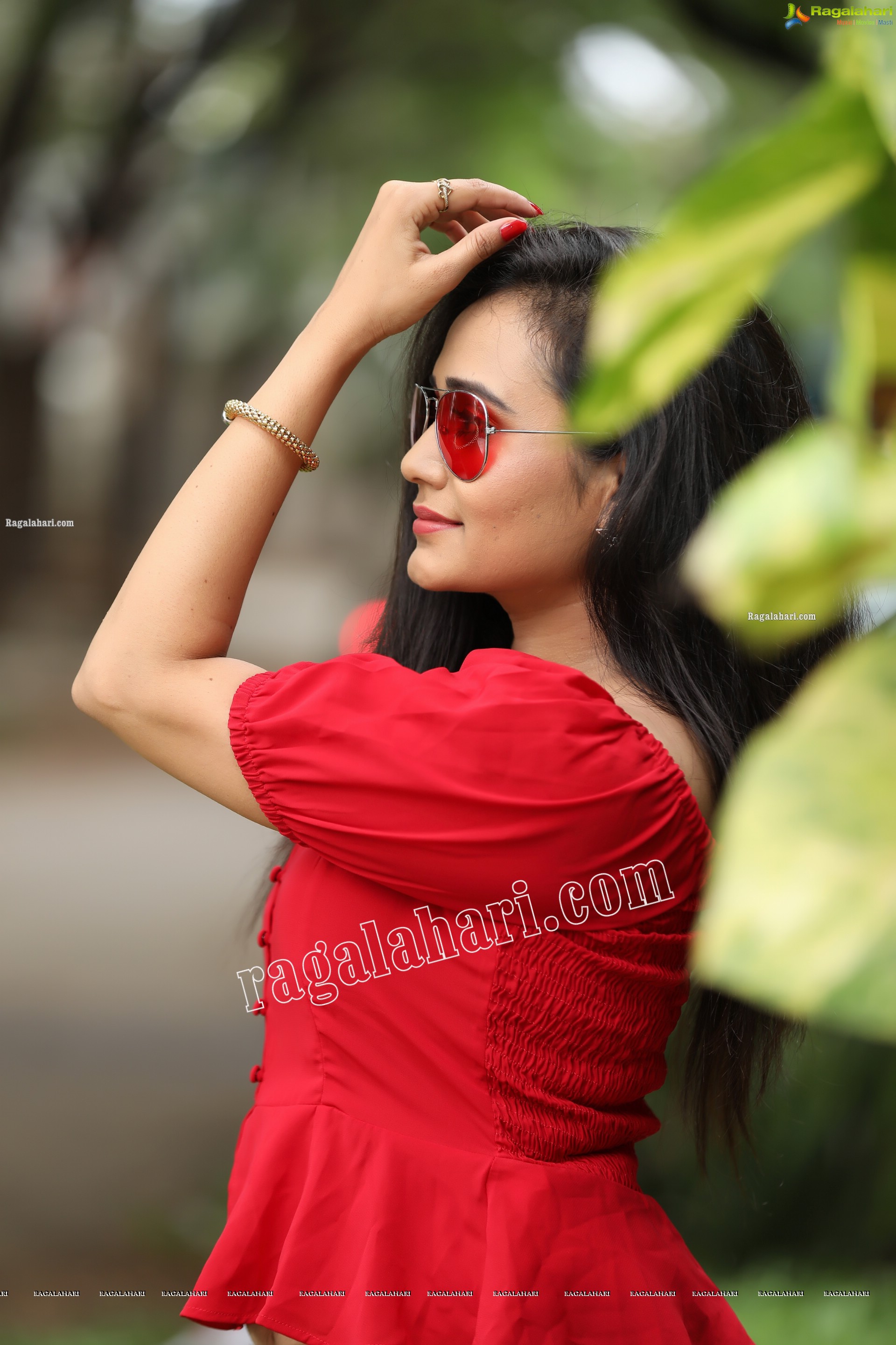 VJ Jaanu in Red Off Shoulder Peplum Top Exclusive Photo Shoot