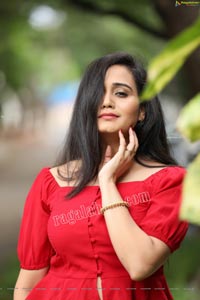 VJ Jaanu in Red Off Shoulder Peplum Top