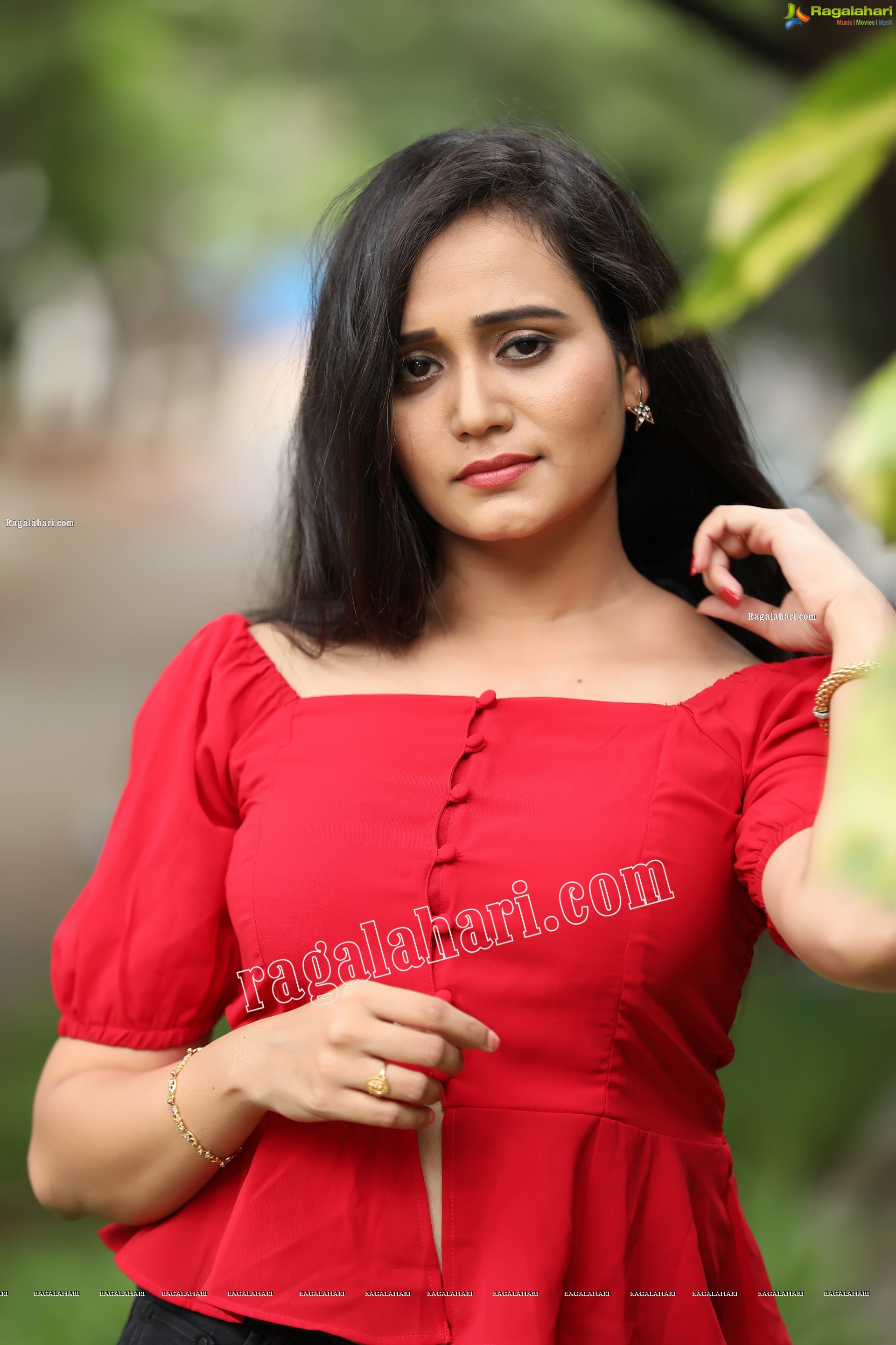 VJ Jaanu in Red Off Shoulder Peplum Top Exclusive Photo Shoot