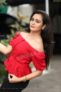 VJ Jaanu in Red Off Shoulder Peplum Top