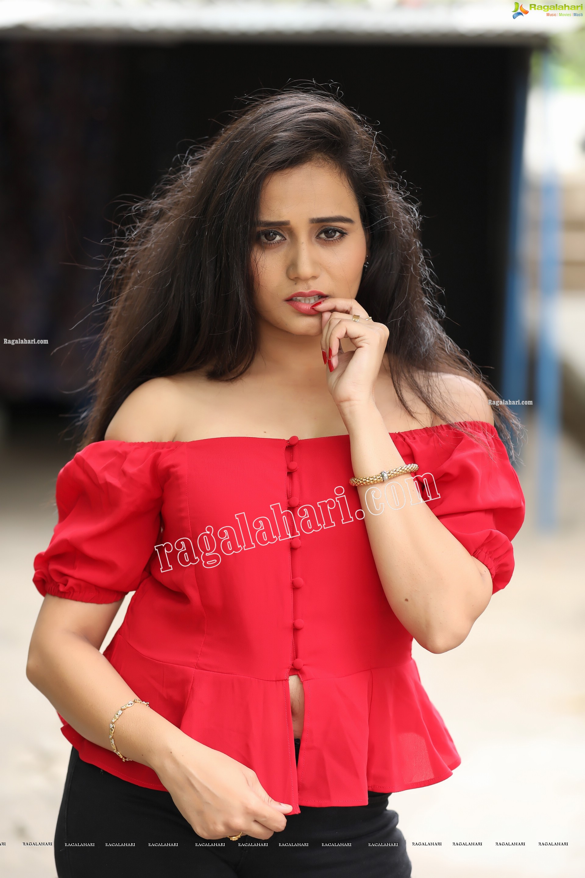 VJ Jaanu in Red Off Shoulder Peplum Top Exclusive Photo Shoot