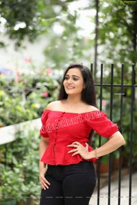 VJ Jaanu in Red Off Shoulder Peplum Top