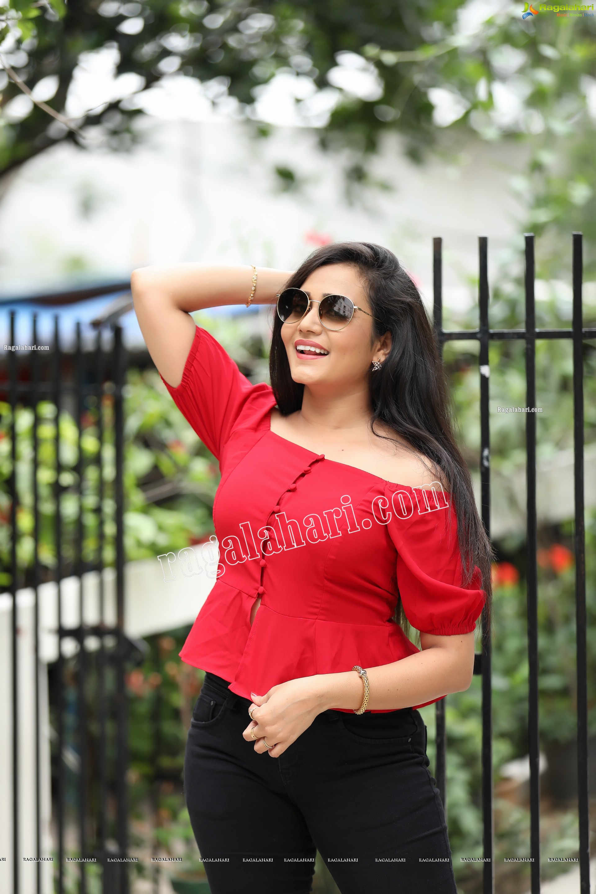 VJ Jaanu in Red Off Shoulder Peplum Top Exclusive Photo Shoot