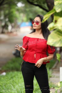 VJ Jaanu in Red Off Shoulder Peplum Top