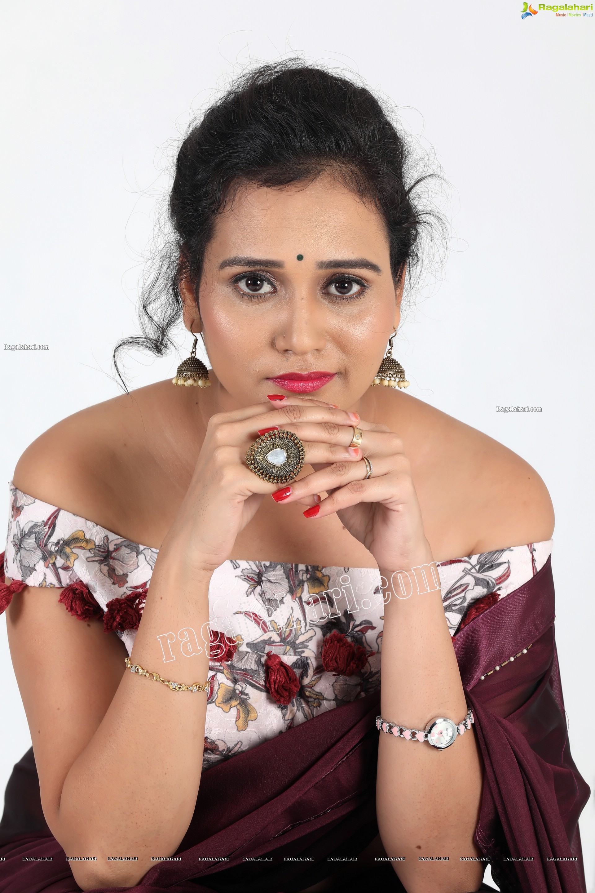 VJ Jaanu in Wine Silk Saree Exclusive Photo Shoot