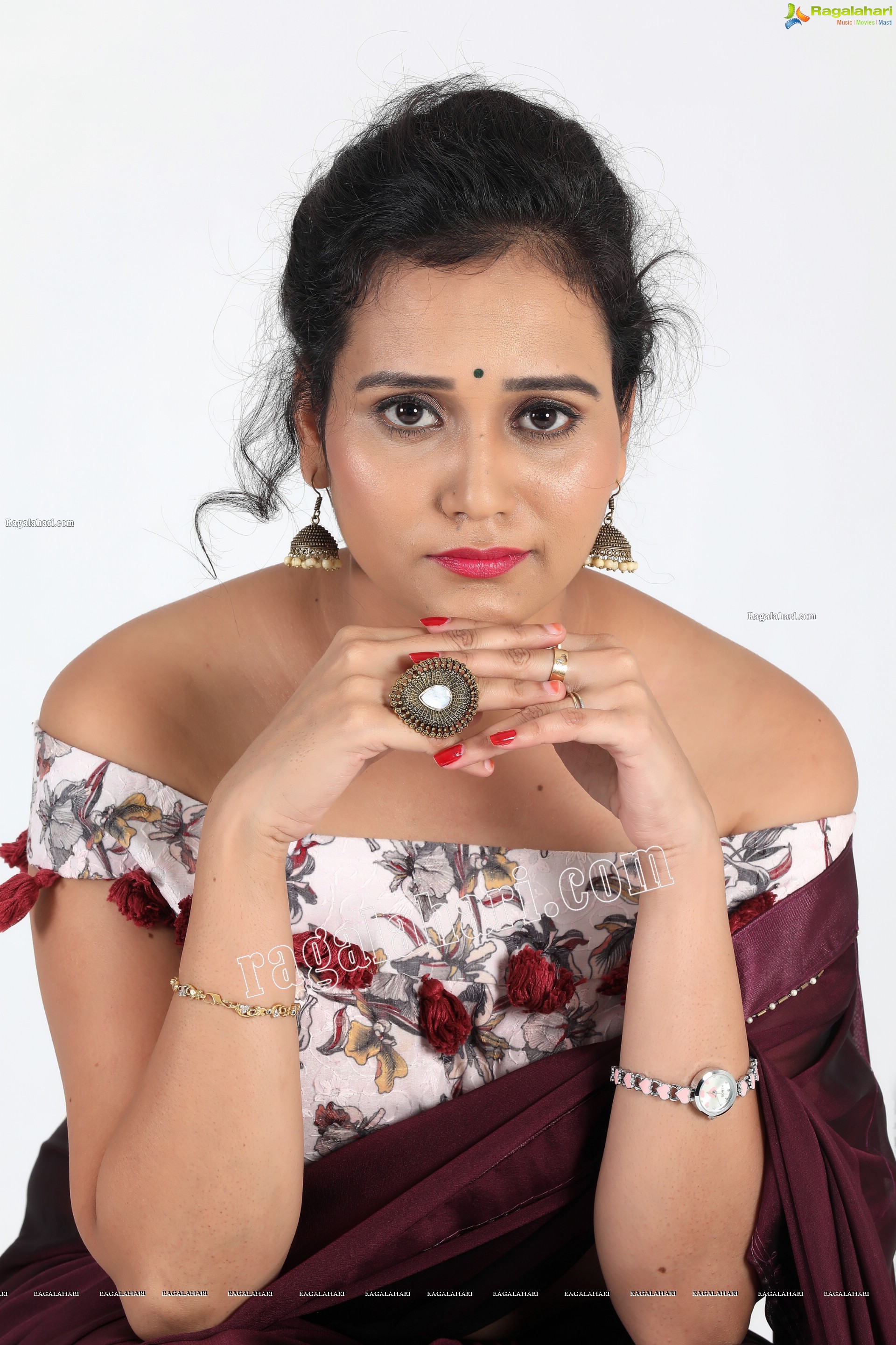 VJ Jaanu in Wine Silk Saree Exclusive Photo Shoot