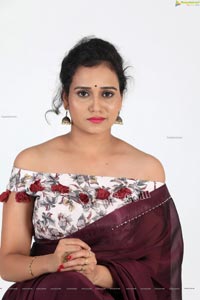 VJ Jaanu in Wine Silk Saree Exclusive Photo Shoot