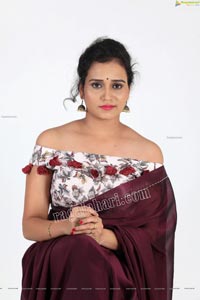 VJ Jaanu in Wine Silk Saree Exclusive Photo Shoot