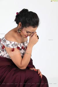 VJ Jaanu in Wine Silk Saree Exclusive Photo Shoot