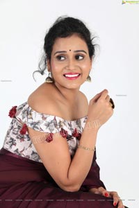 VJ Jaanu in Wine Silk Saree Exclusive Photo Shoot