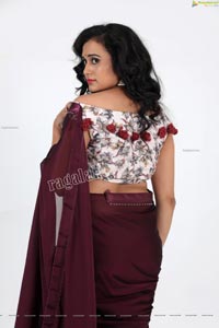 VJ Jaanu in Wine Silk Saree Exclusive Photo Shoot