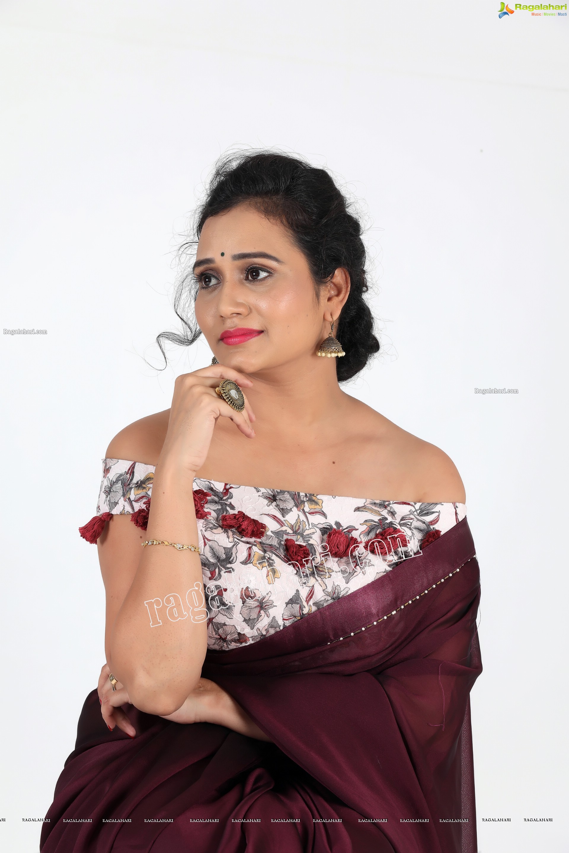 VJ Jaanu in Wine Silk Saree Exclusive Photo Shoot