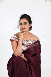 VJ Jaanu in Wine Silk Saree Exclusive Photo Shoot