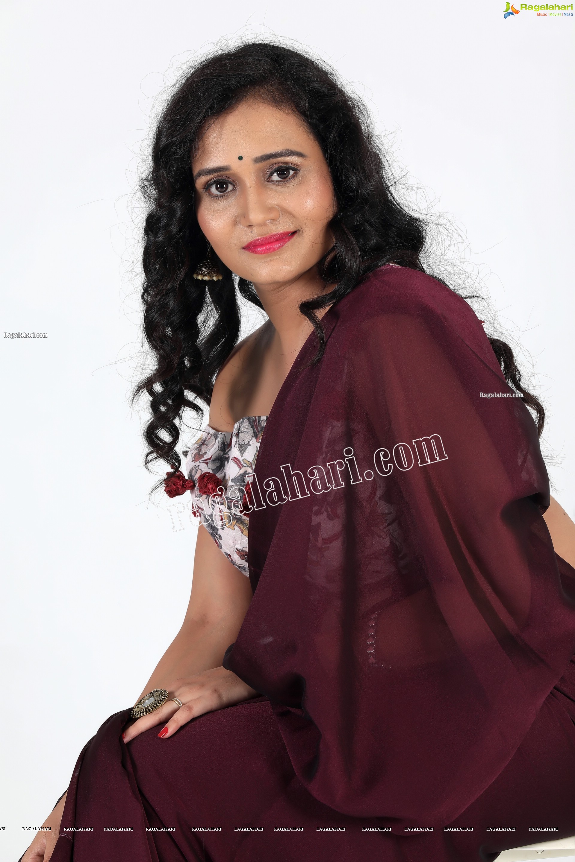 VJ Jaanu in Wine Silk Saree Exclusive Photo Shoot