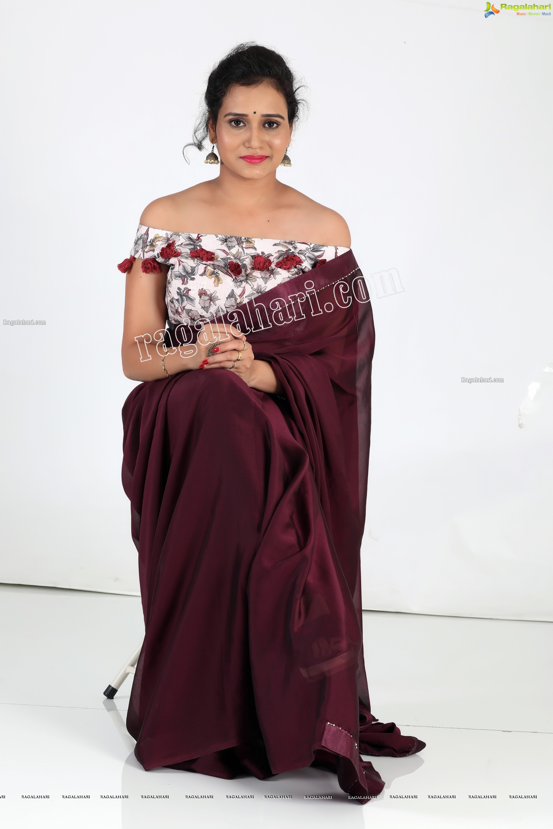 VJ Jaanu in Wine Silk Saree Exclusive Photo Shoot