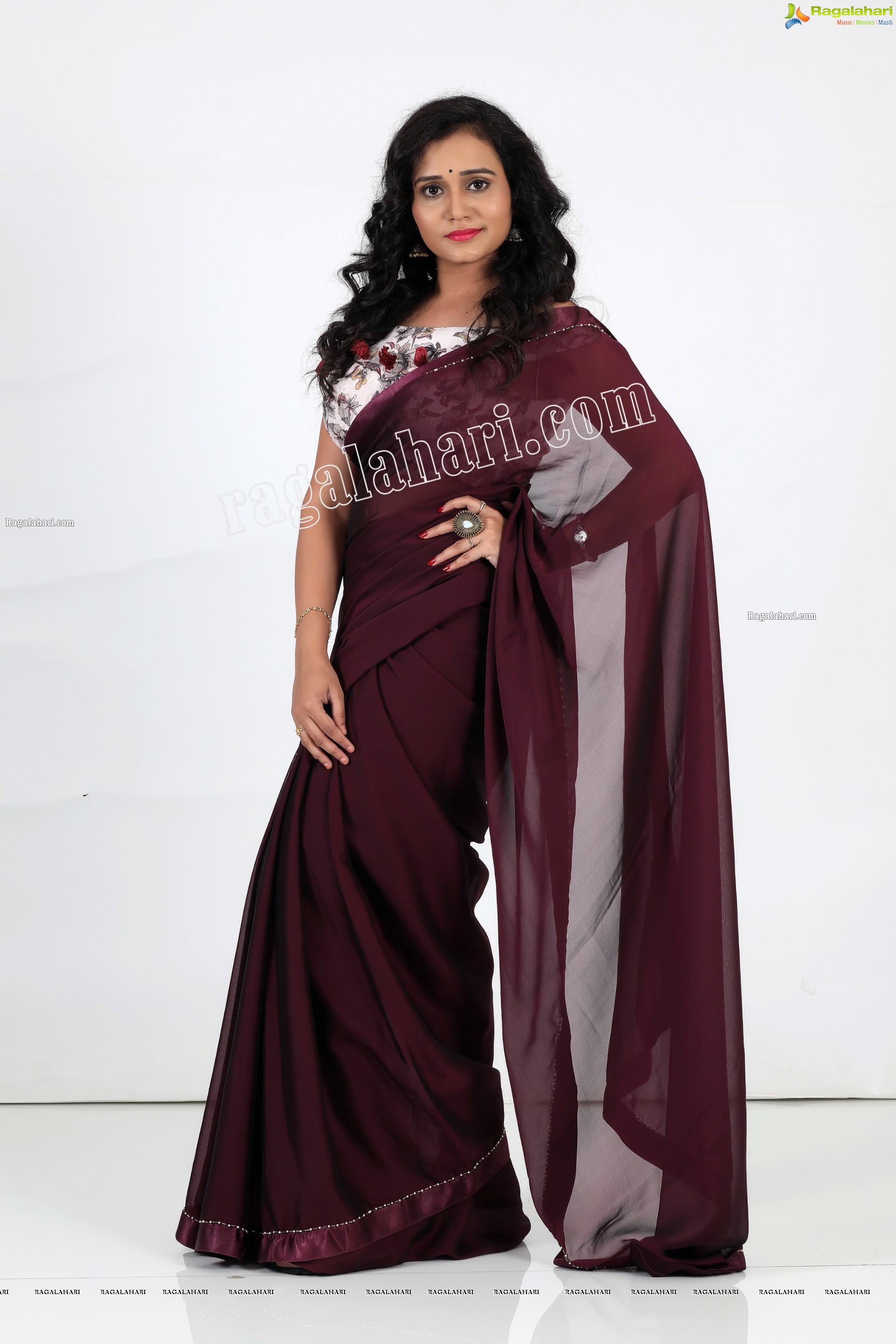 VJ Jaanu in Wine Silk Saree Exclusive Photo Shoot