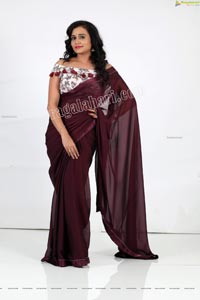 VJ Jaanu in Wine Silk Saree Exclusive Photo Shoot